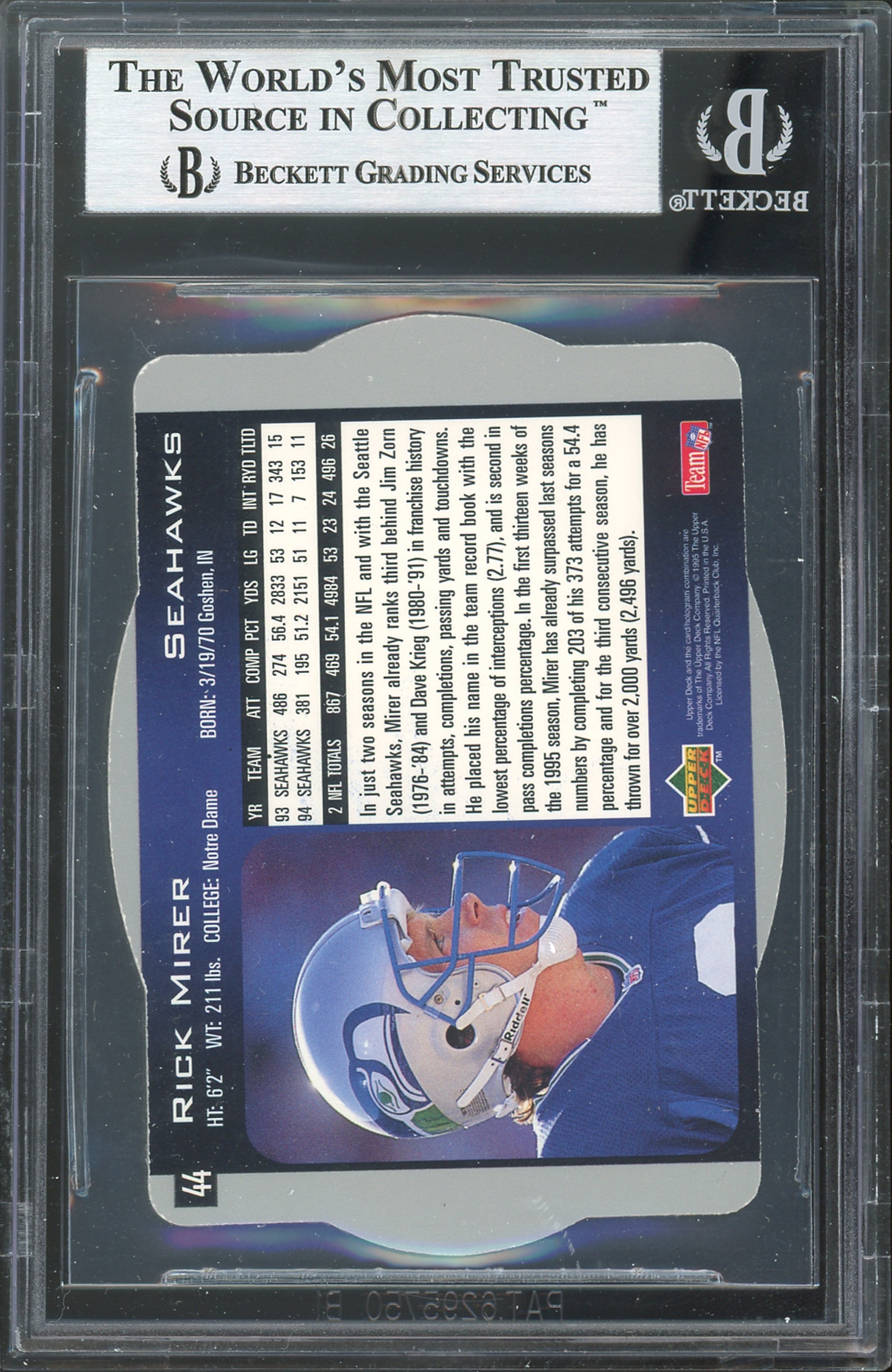 Seahawks Rick Mirer Authentic Signed 1996 SPX #44 Card Autographed BAS Slabbed