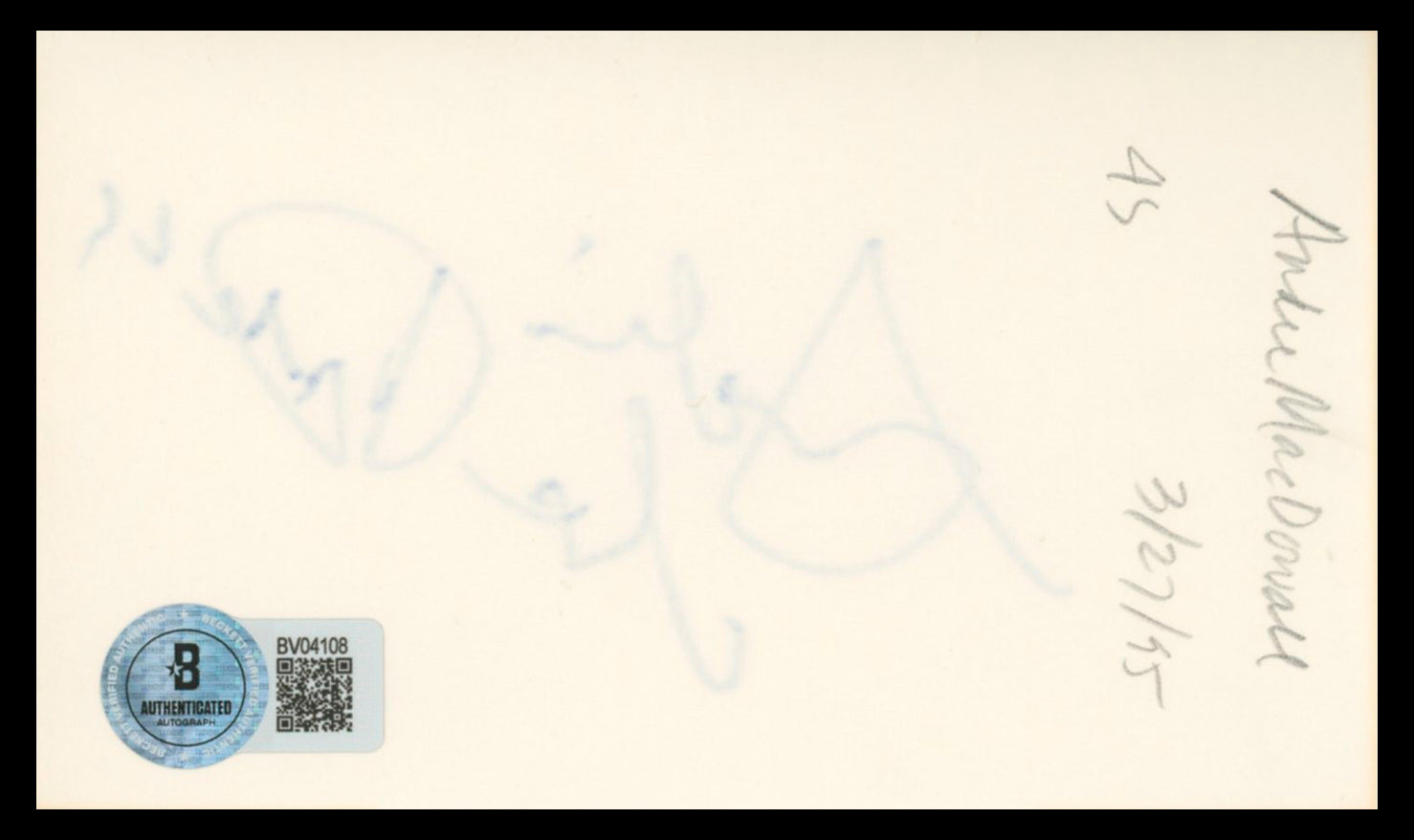 Andie MacDowell Groundhog Day Authentic Signed 3x5 Index Card BAS #BV04108