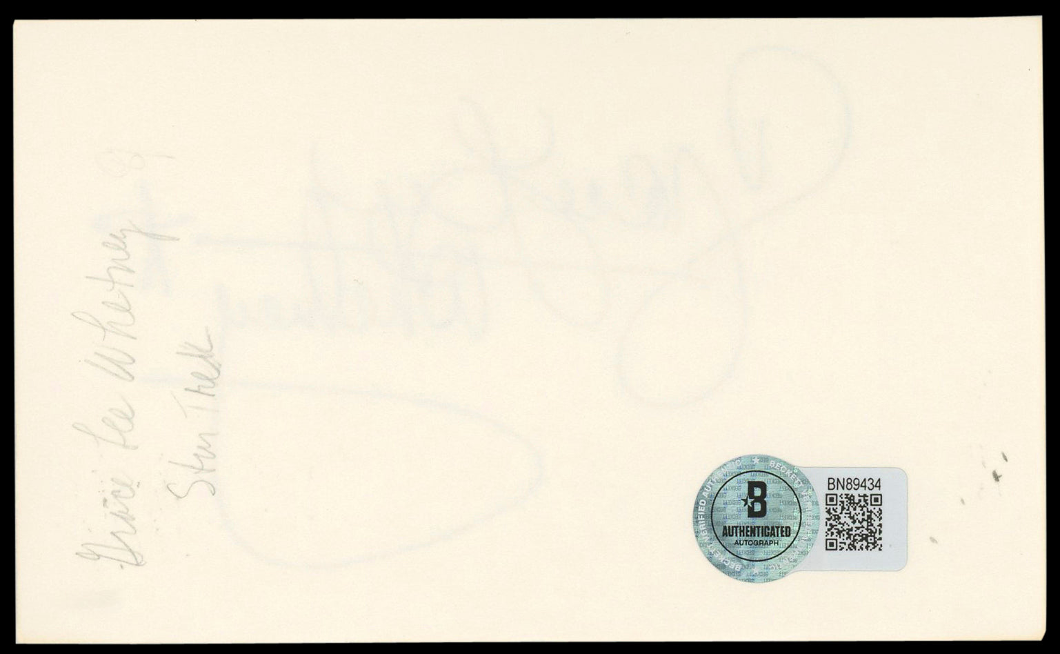 Grace Lee Whitney Star Trek Authentic Signed 3x5 Index Card BAS #BN89434