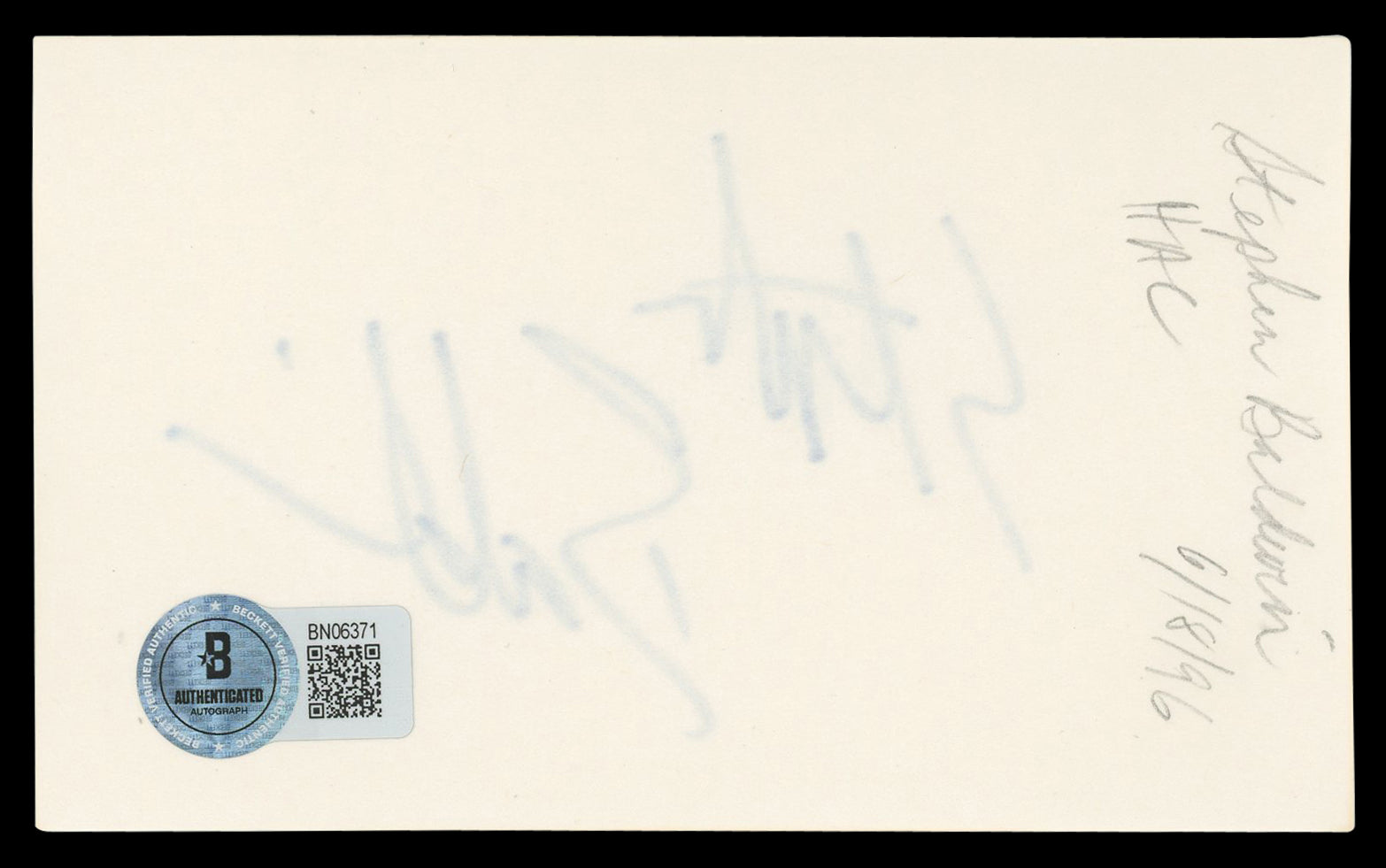 Stephen Baldwin The Usual Suspects Authentic Signed 3x5 Index Card BAS #BN06371