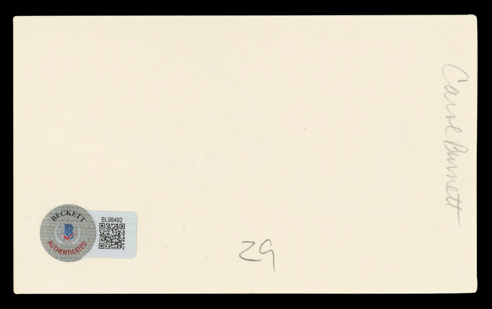 Carol Burnett Authentic Signed 3x5 Index Card Autographed BAS #BL98492