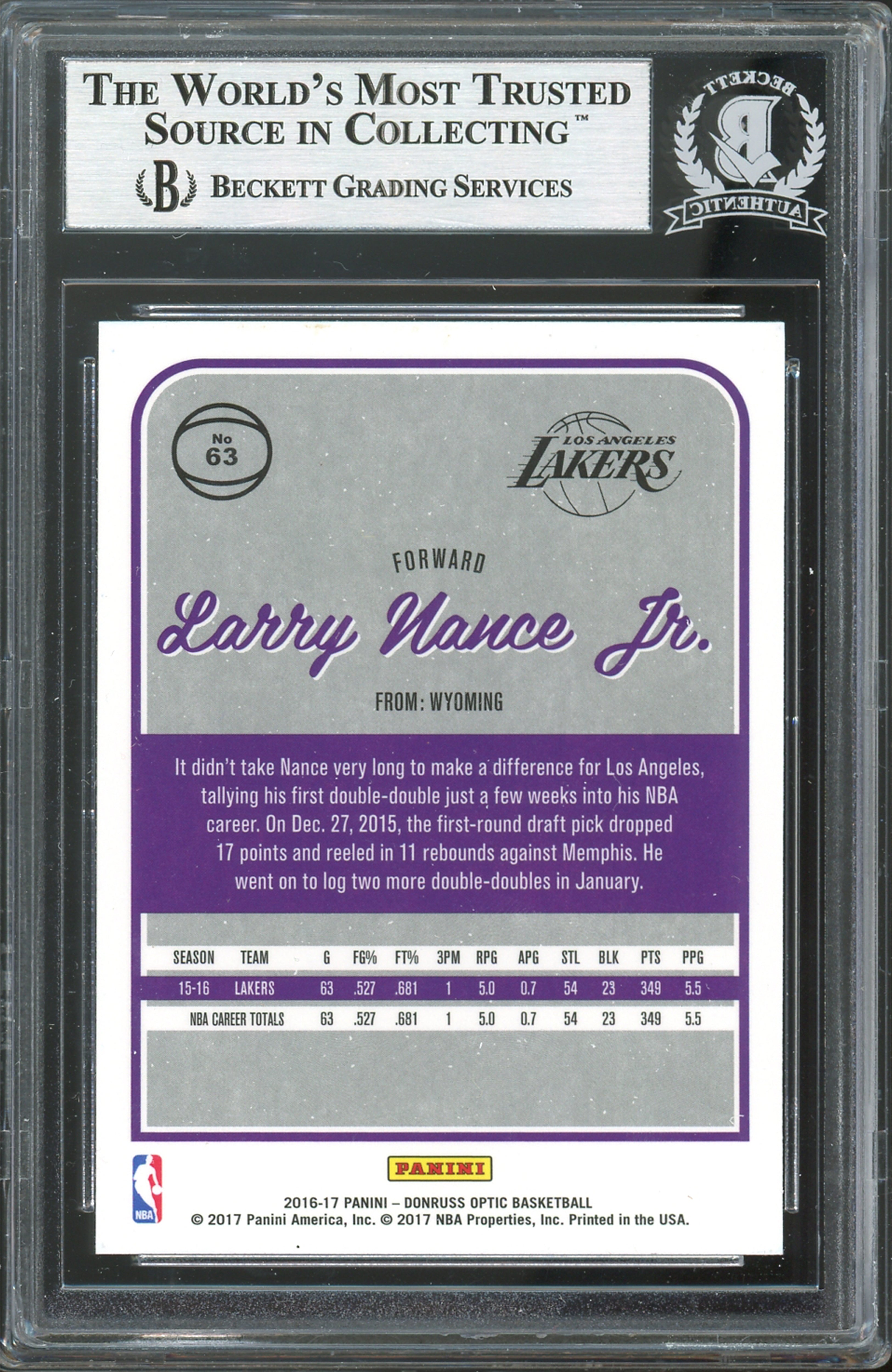 Lakers Larry Nance Jr. Authentic Signed 2016 Donruss Optic #63 Card BAS Slabbed