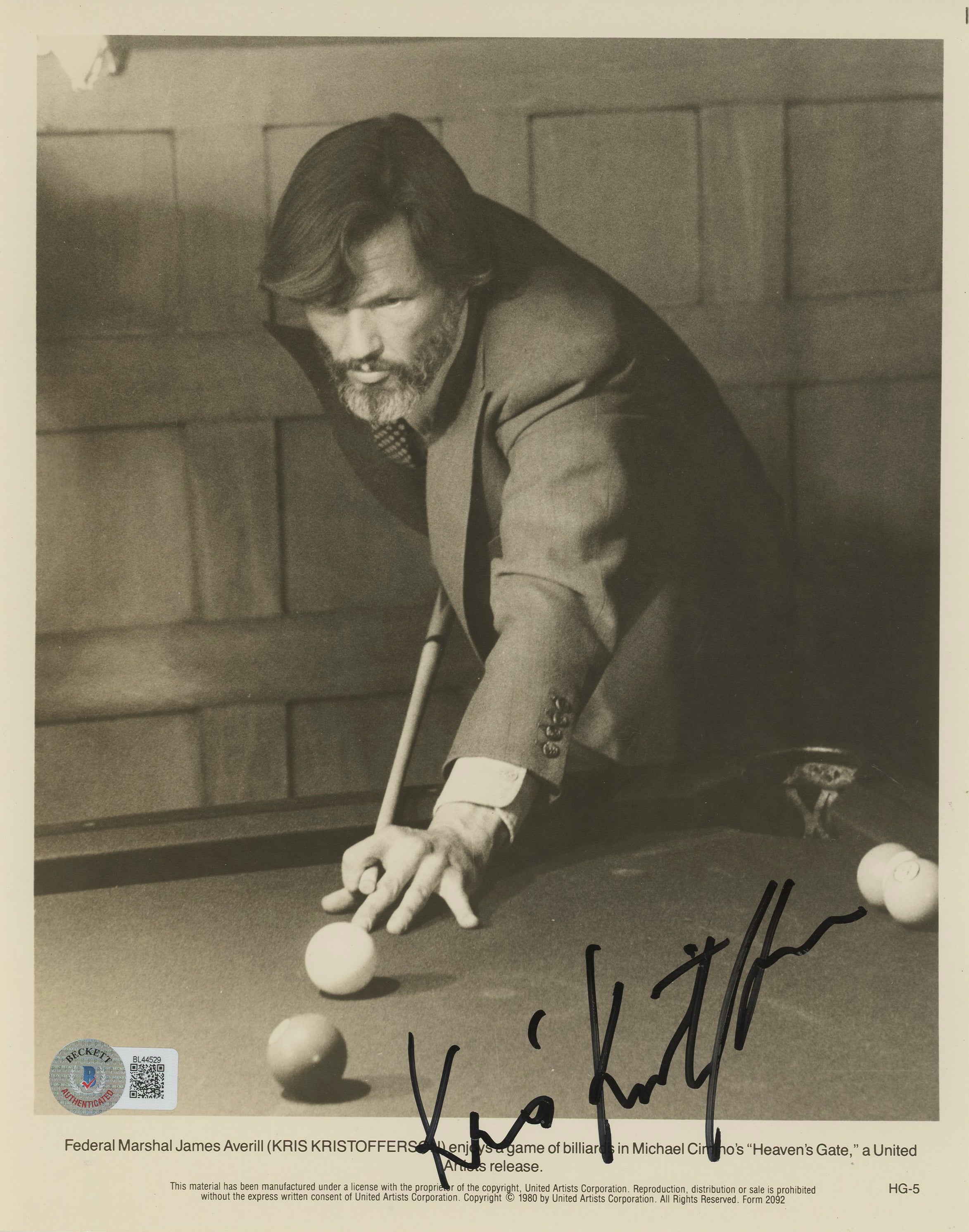 Kris Kristofferson Heaven's Gate Authentic Signed 8x10 Photo BAS #BL44529