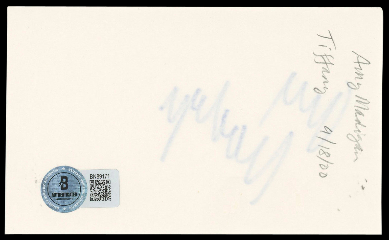 Amy Madigan Field of Dreams Authentic Signed 3x5 Index Card BAS #BN89171