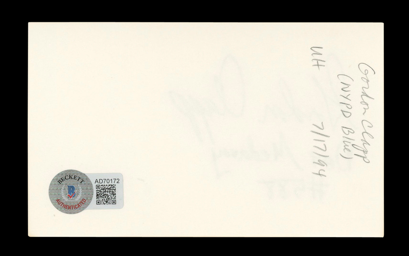 Gordon Clapp NYPD Blue "Det Meadavoy #588" Signed 3x5 Index Card BAS #AD70172