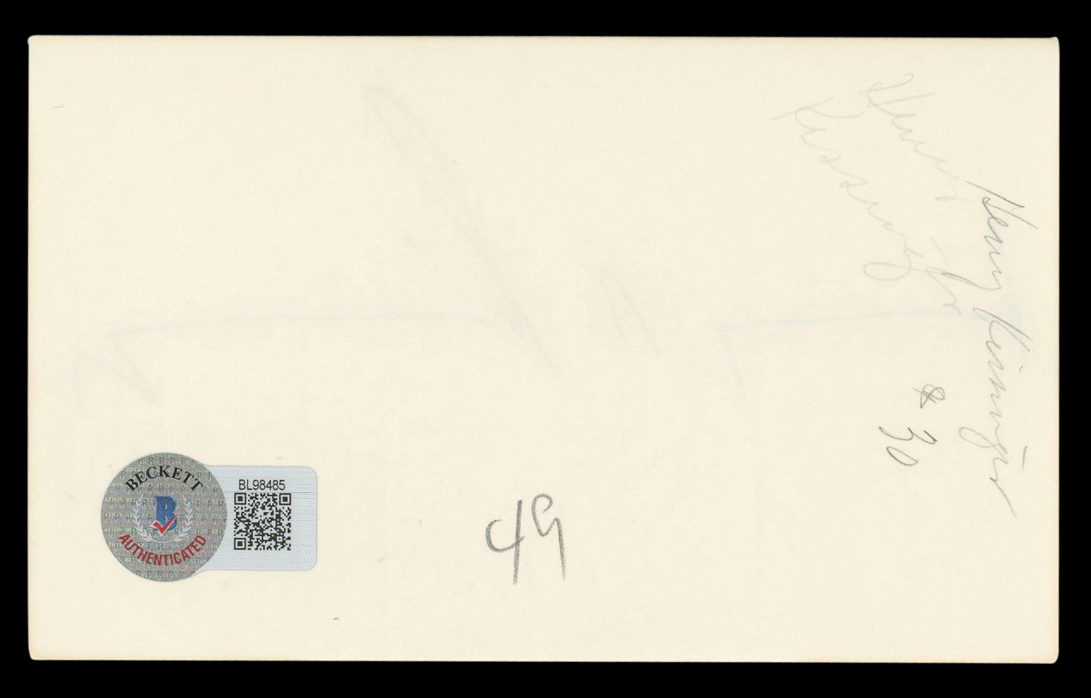 Henry Kissinger Authentic Signed 3x5 Index Card Autographed BAS #BL98485
