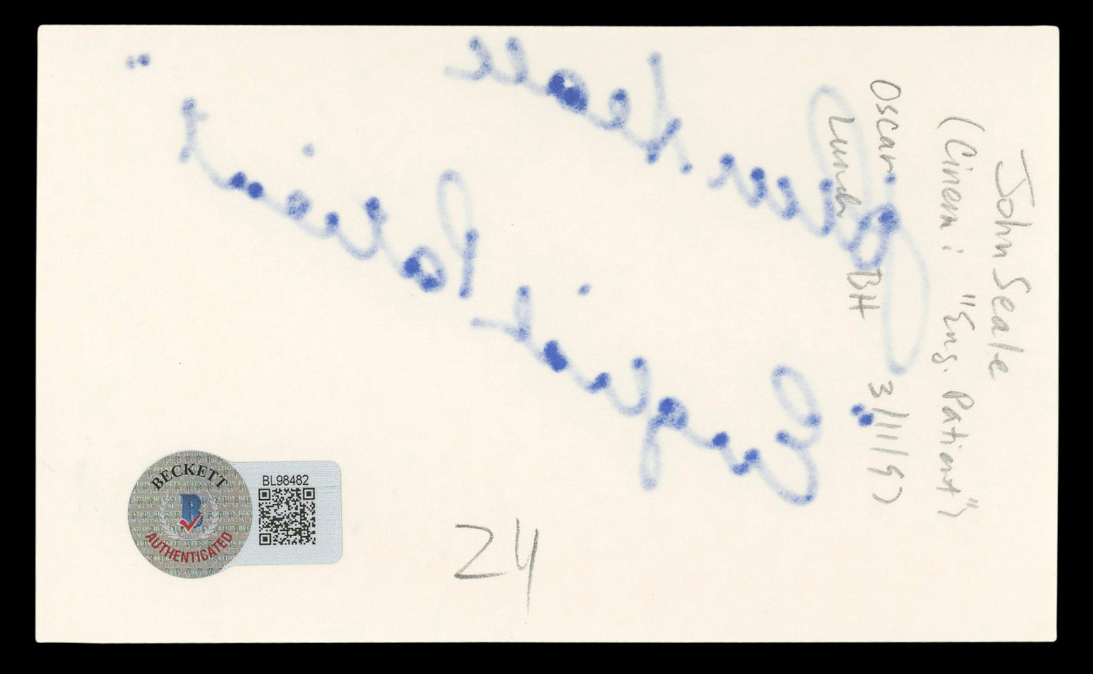 John Seale "English Patient" Authentic Signed 3x5 Index Card BAS #BL98482