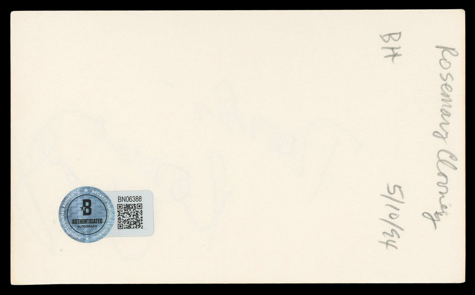 Rosemary Clooney White Christmas "Thanks" Signed 3x5 Index Card BAS #BN06388