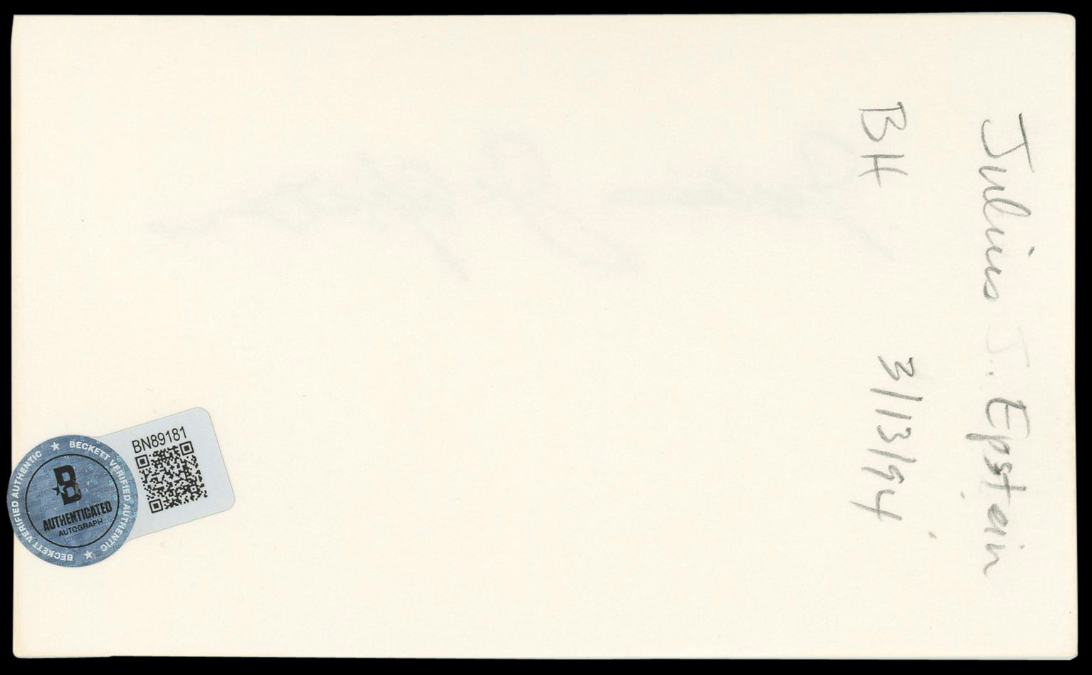 Julius J. Epstein Casablanca Authentic Signed 3x5 Index Card BAS #BN89181