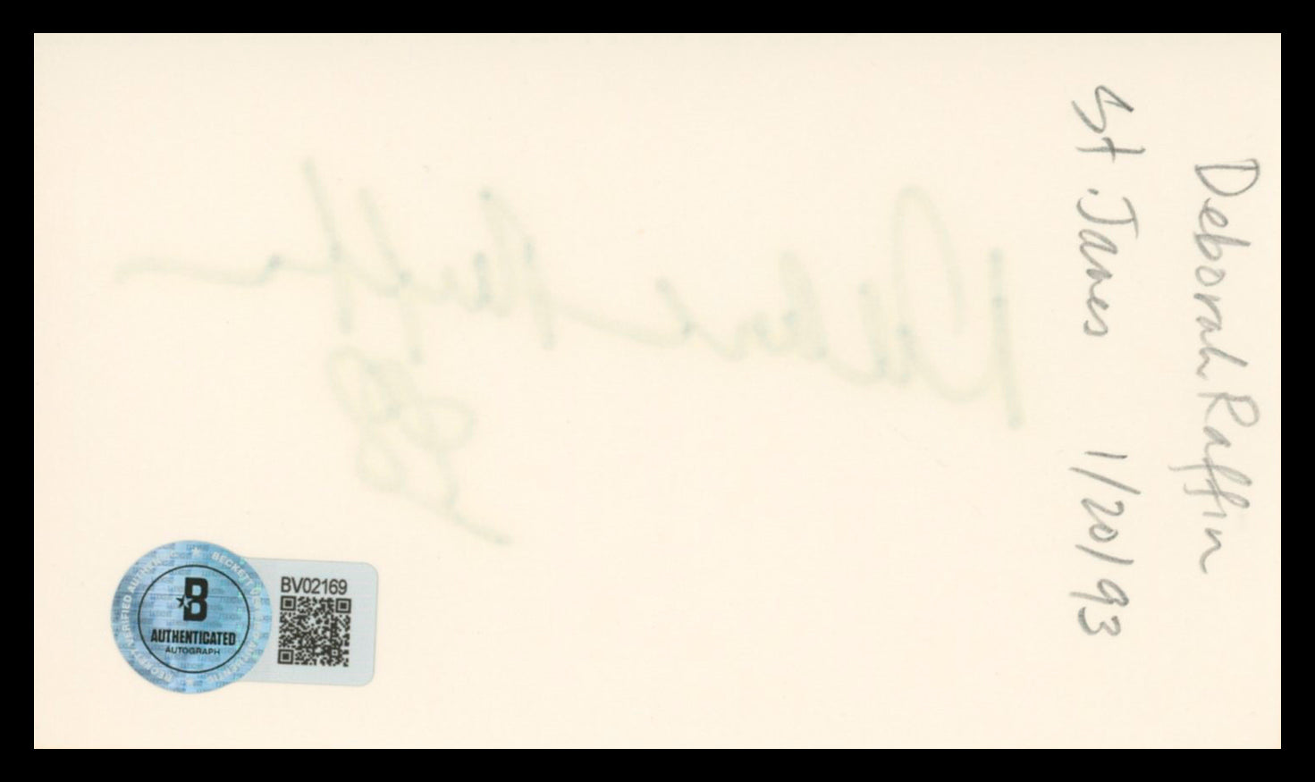 Deborah Raffin Touched by Love Authentic Signed 3x5 Index Card BAS #BV02169