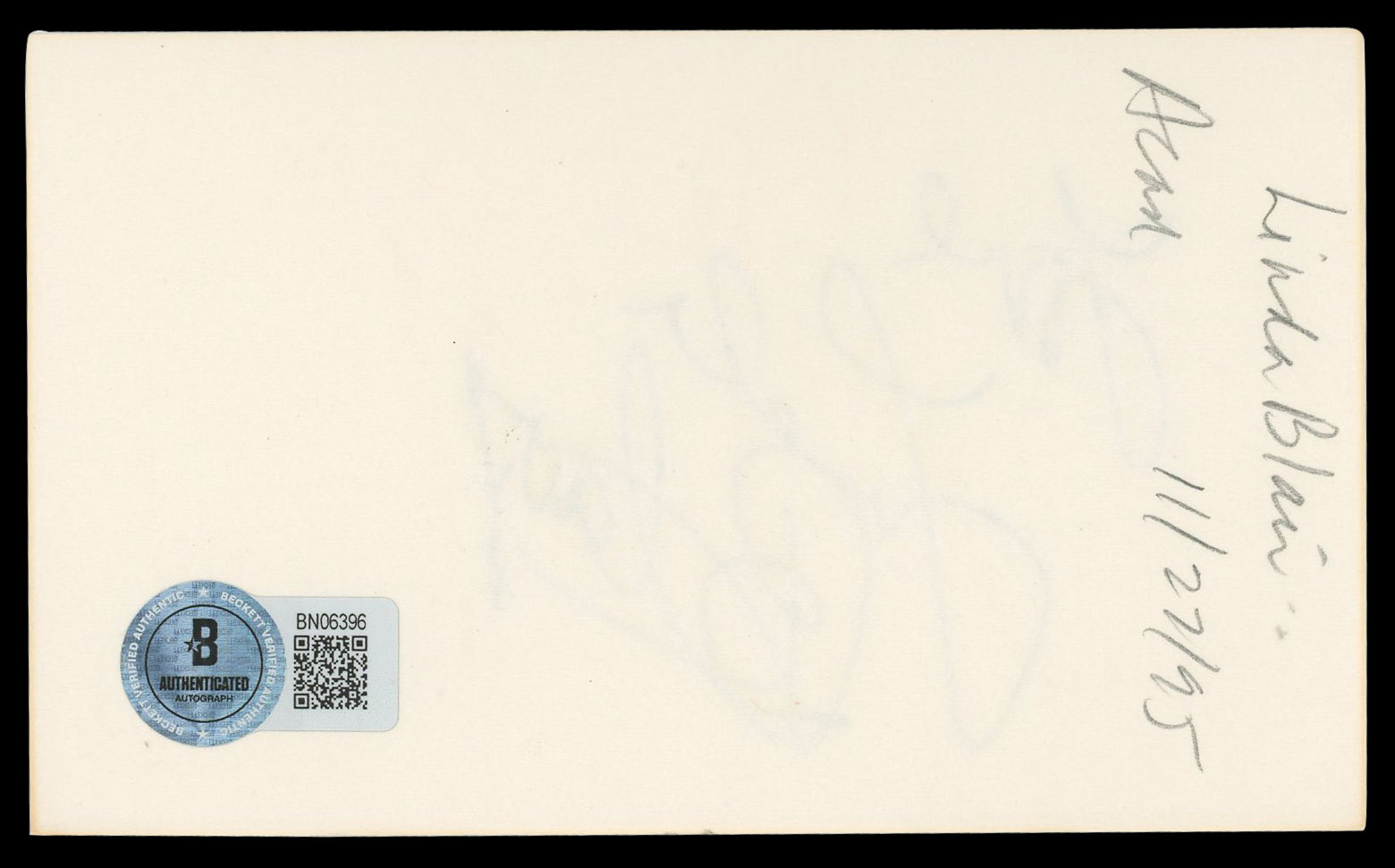 Linda Blair The Exorcist "Love" Authentic Signed 3x5 Index Card BAS #BN06396