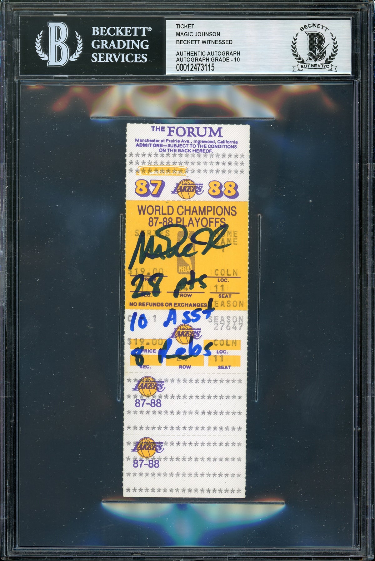 Lakers Magic Johnson Game Stats Signed 1988 Finals Ticket Auto Grade 10 BAS Slab