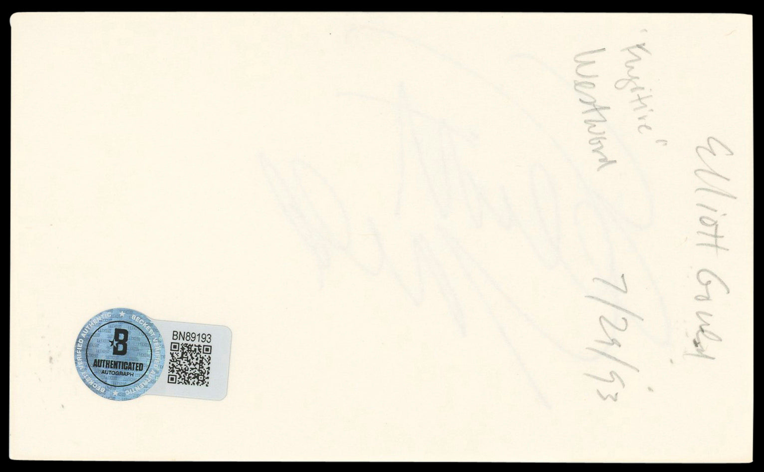 Elliott Gould M*A*S*H Authentic Signed 3x5 Index Card Autographed BAS #BN89193