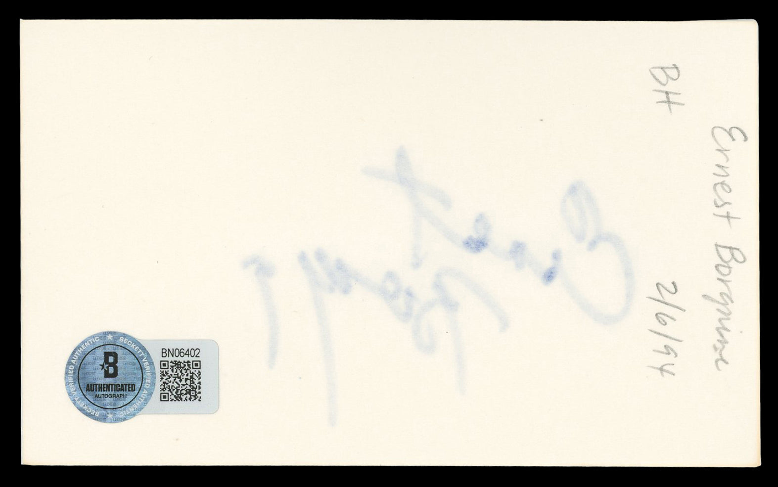 Ernest Borgnine Marty Authentic Signed 3x5 Index Card Autographed BAS #BN06402