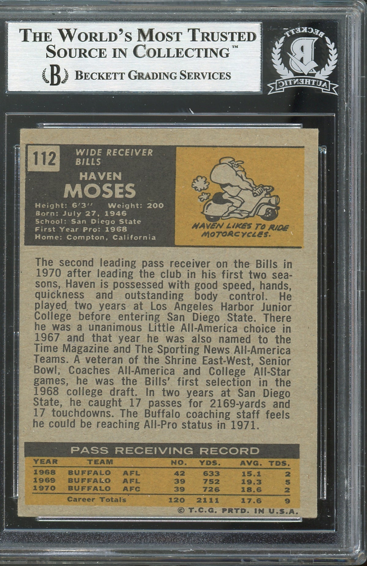 Bills Haven Moses Authentic Signed 1971 Topps #112 Card BAS Slabbed
