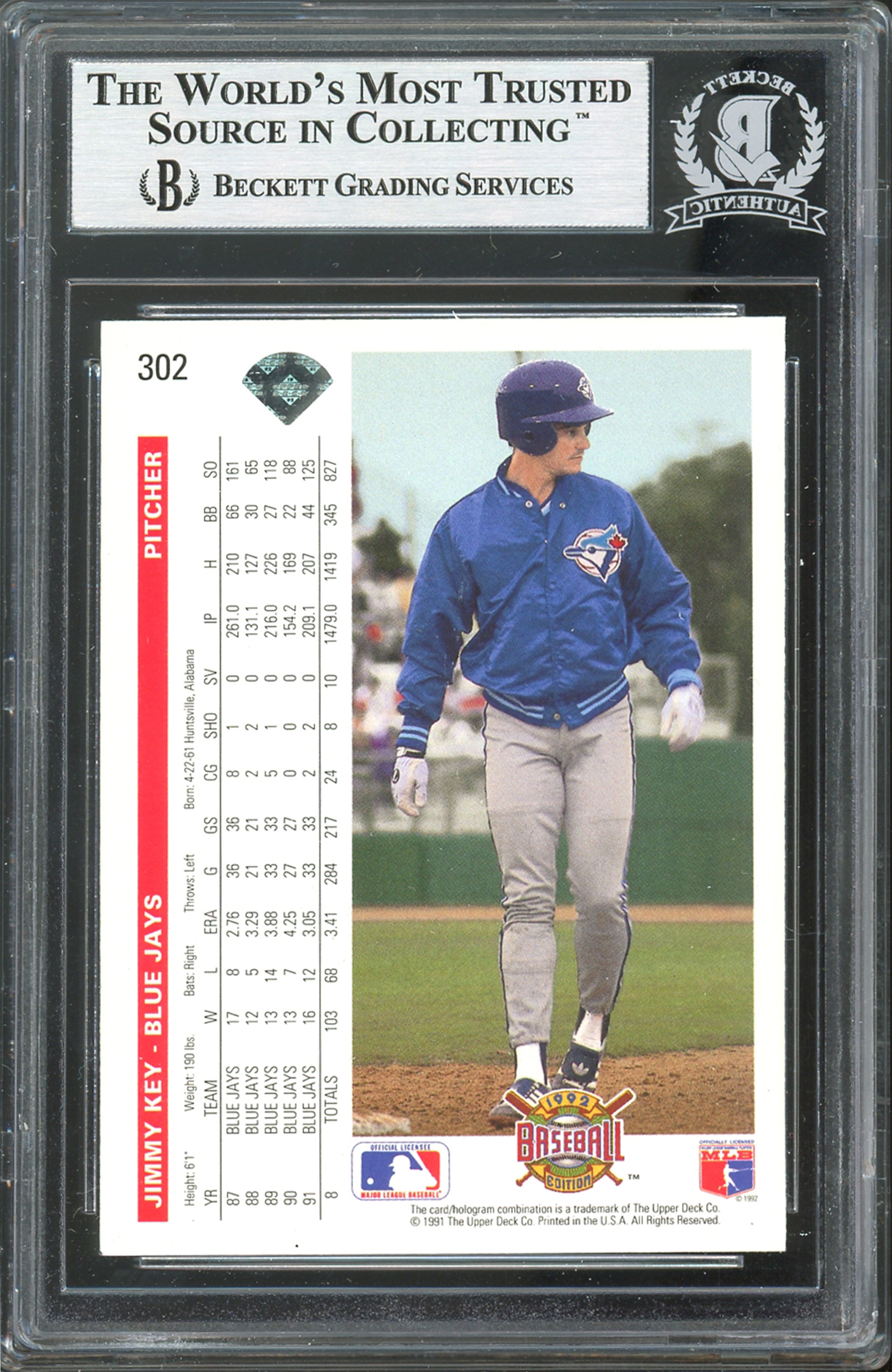 Blue Jays Jimmy Key Authentic Signed 1992 Upper Deck #302 Card BAS Slabbed