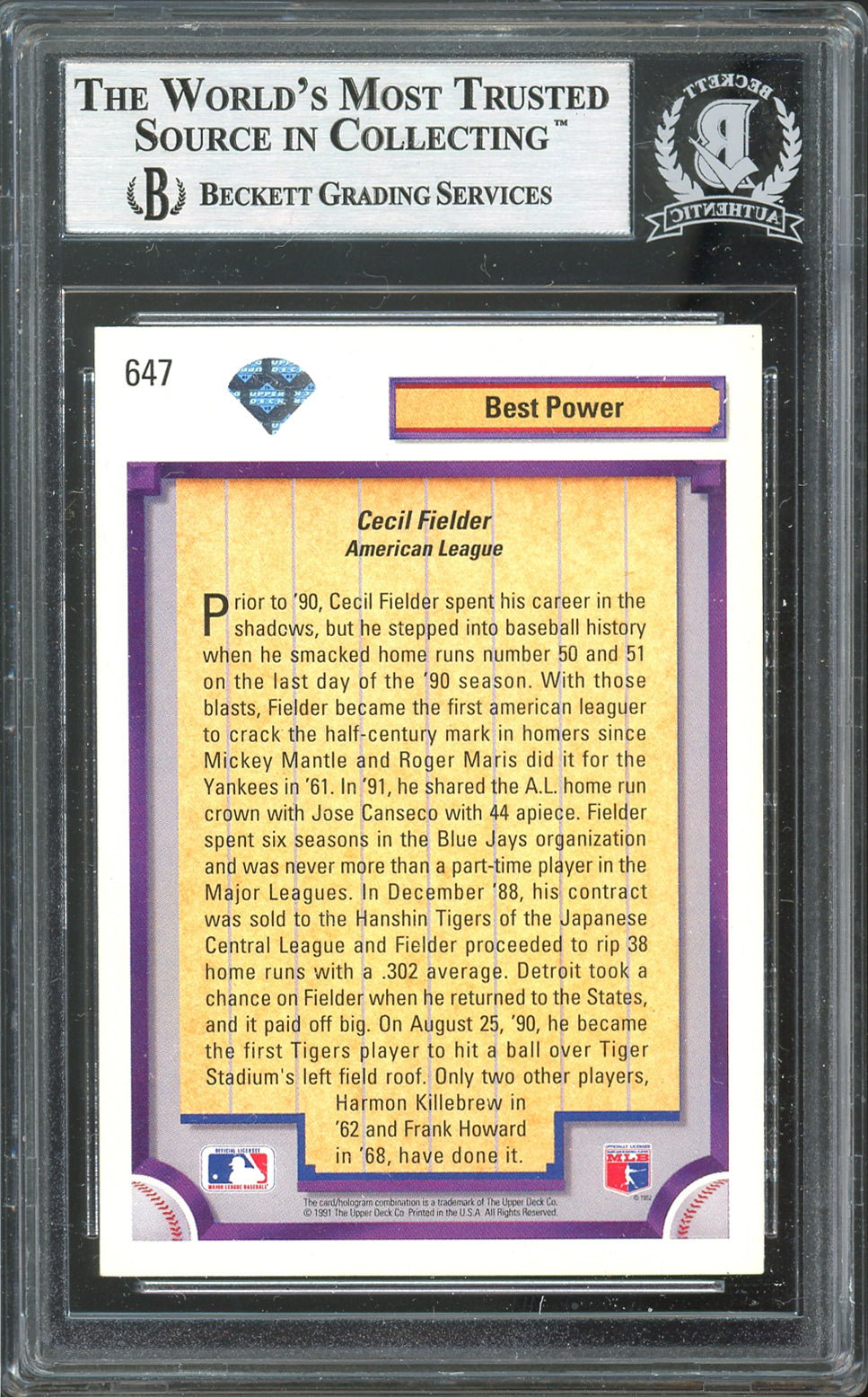 Tigers Cecil Fielder Authentic Signed 1992 Upper Deck #647 Card BAS Slabbed