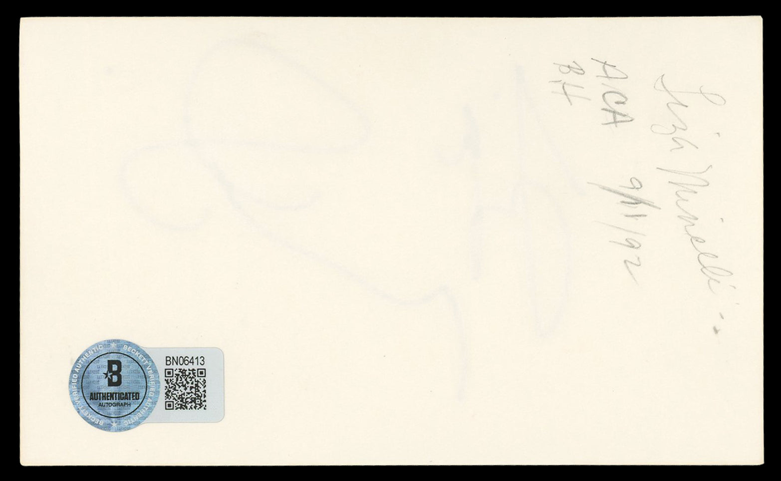 Liza Minnelli Cabaret Authentic Signed 3x5 Index Card Autographed BAS #BN06413