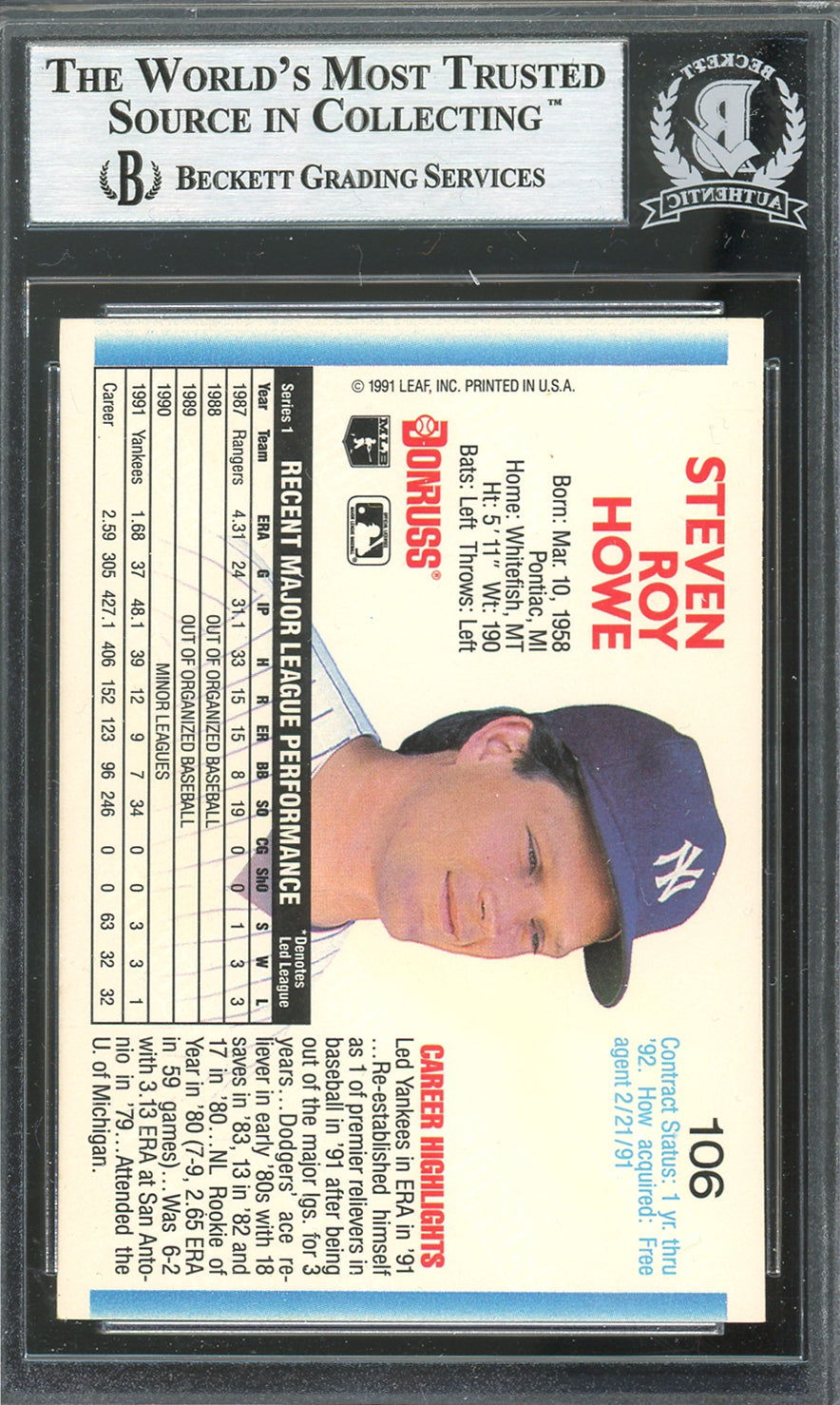 Yankees Steve Howe Authentic Signed 1992 Donruss #106 Card BAS Slabbed