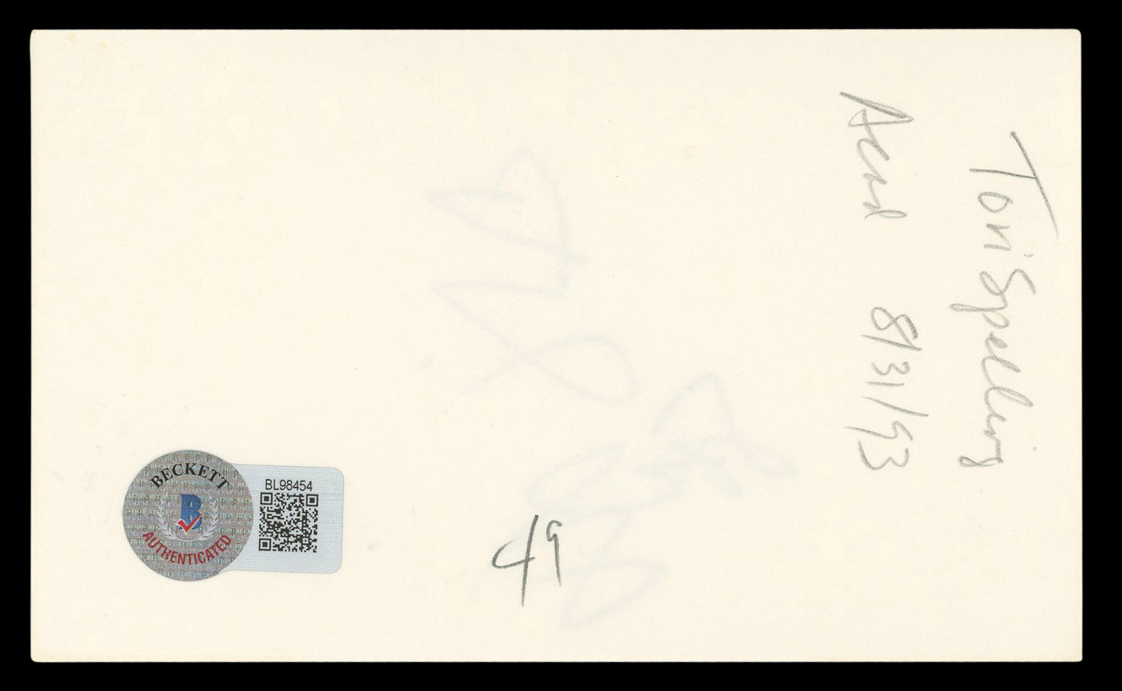 Tori Spelling Beverly Hills, 90210 Authentic Signed 3x5 Index Card BAS #BL98454