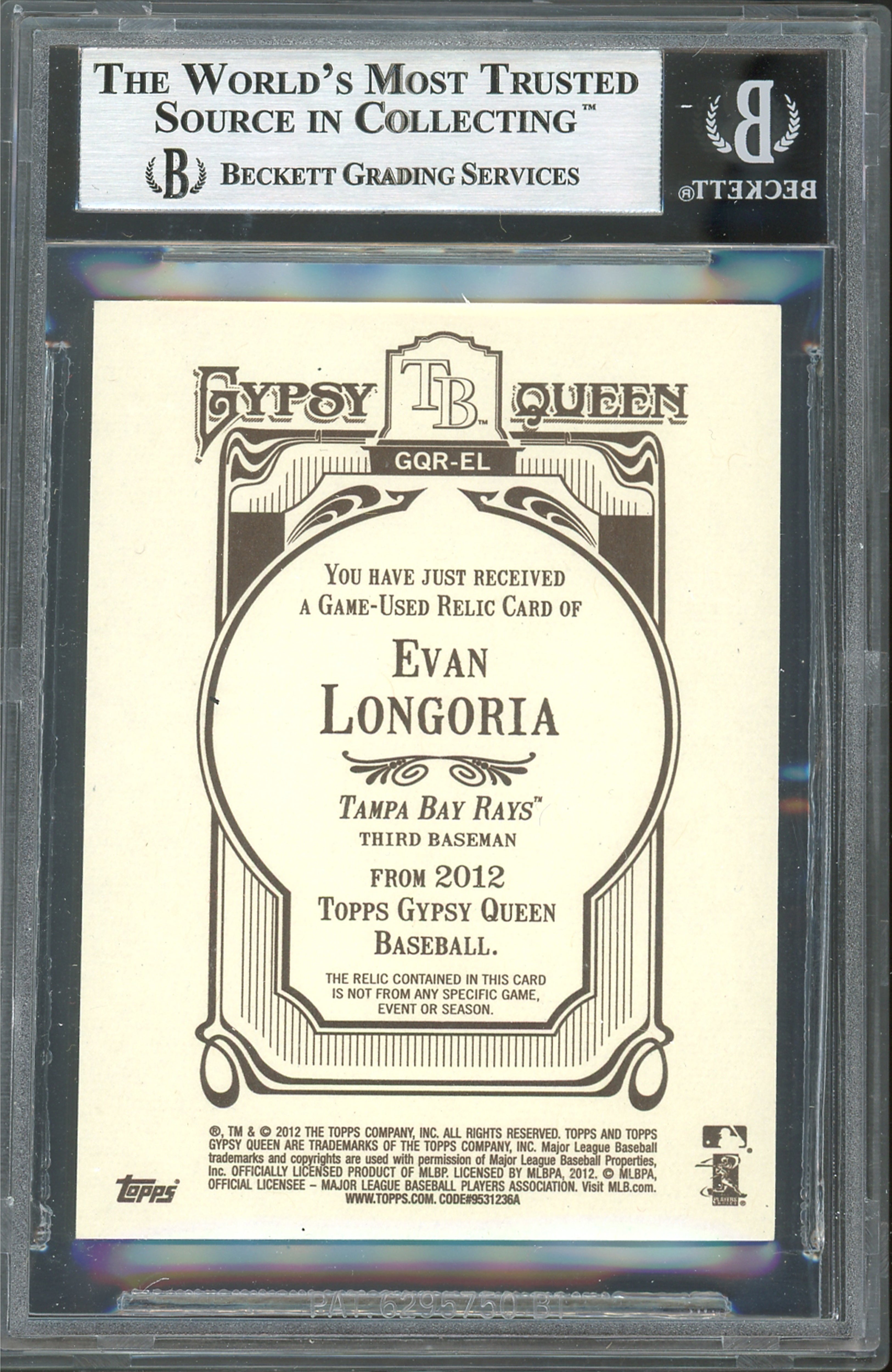 Rays Evan Longoria Signed 2012 Topps Gypsy Queen Relics #EL Card BAS Slabbed