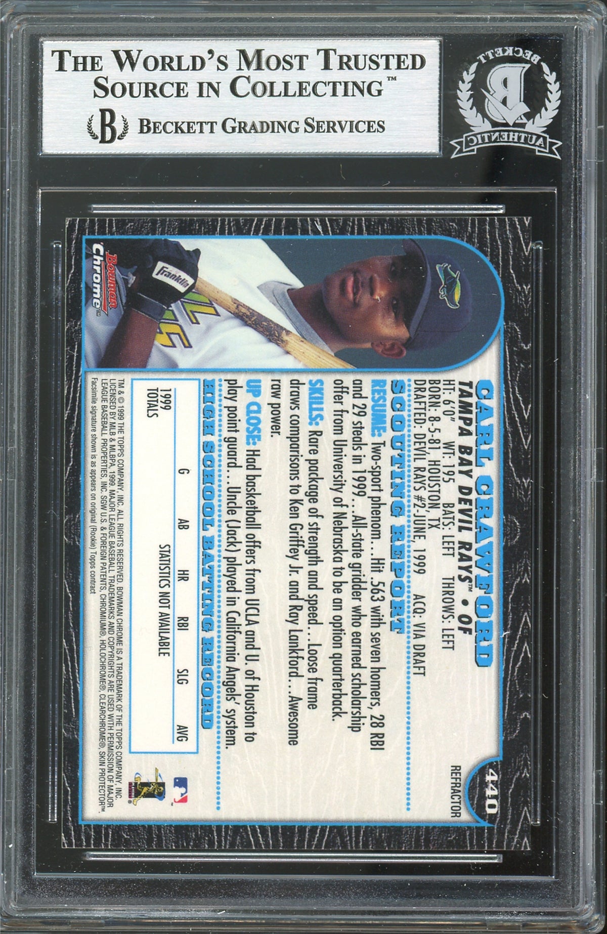 Rays Carl Crawford Signed 1999 Bowman Chrome Refractors #440 Card BAS Slabbed