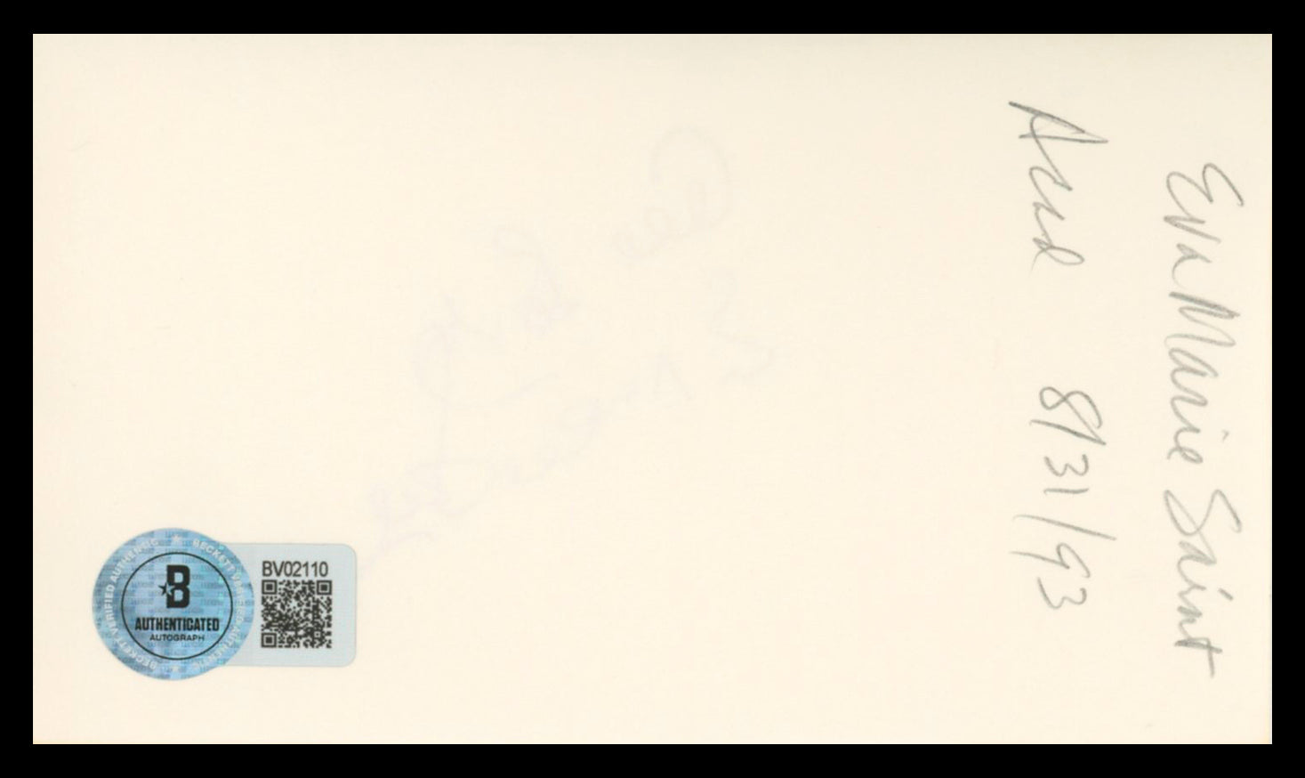 Eva Marie Saint On the Waterfront Authentic Signed 3x5 Index Card BAS #BV02110