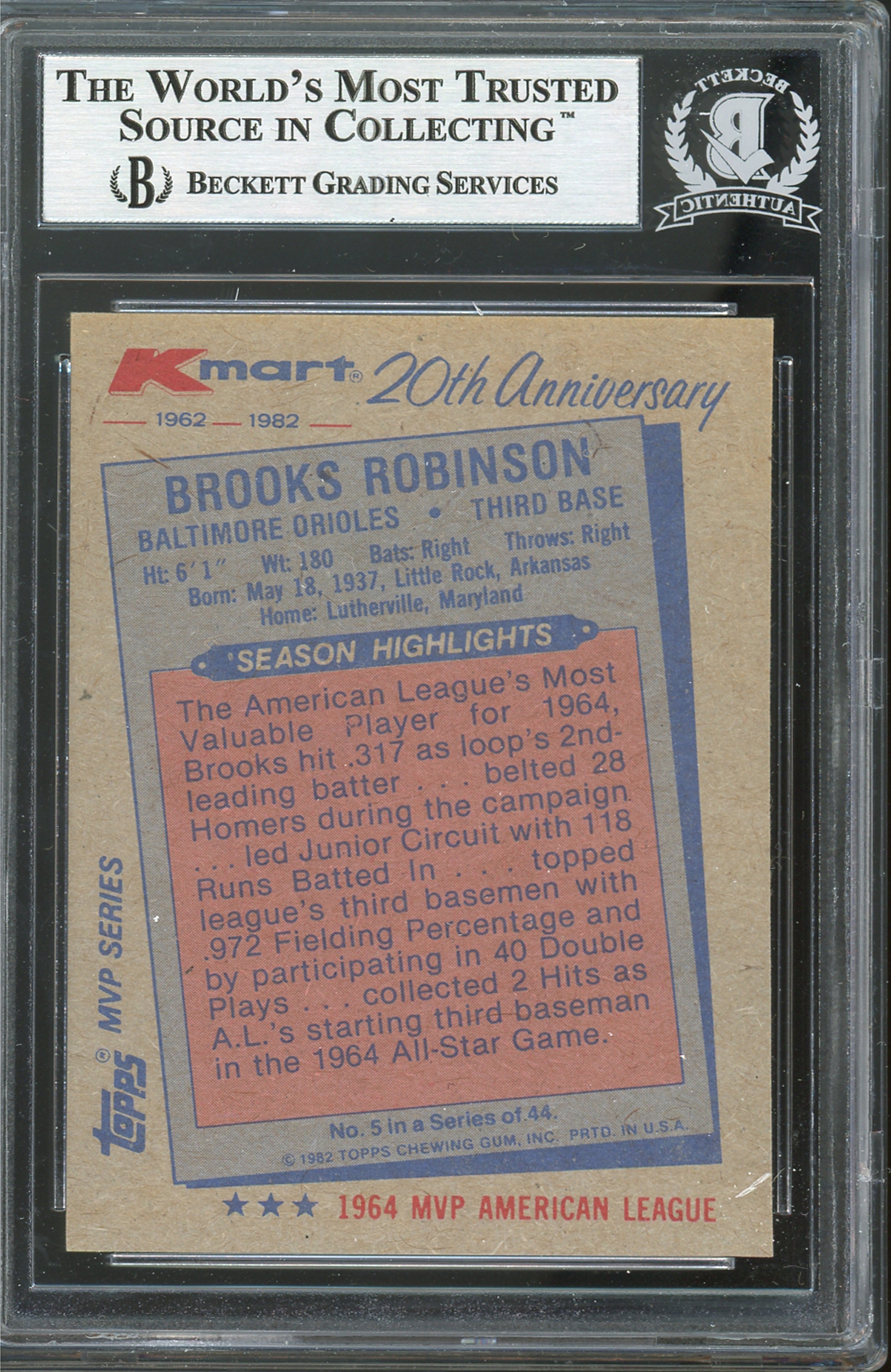 Orioles Brooks Robinson "HOF 1983" Authentic Signed 1982 K-Mart #5 Card BAS Slab