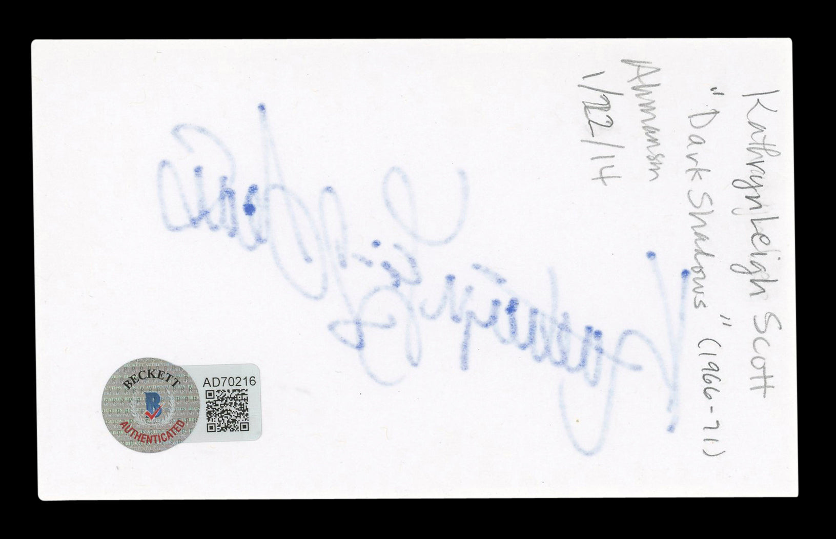 Kathryn Leigh Scott Dark Shadows Signed 3x5 Index Card Autographed BAS #AD70216
