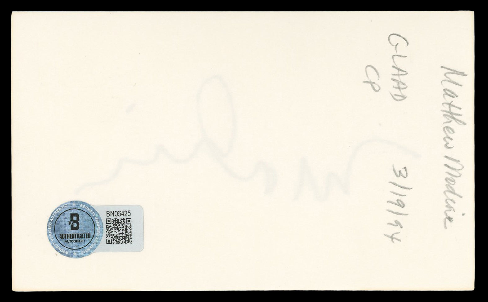 Matthew Modine Full Metal Jacket Authentic Signed 3x5 Index Card BAS #BN06425