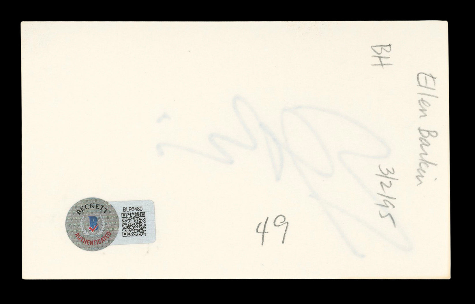 Ellen Barkin Sea of Love Authentic Signed 3x5 Index Card BAS #BL96480