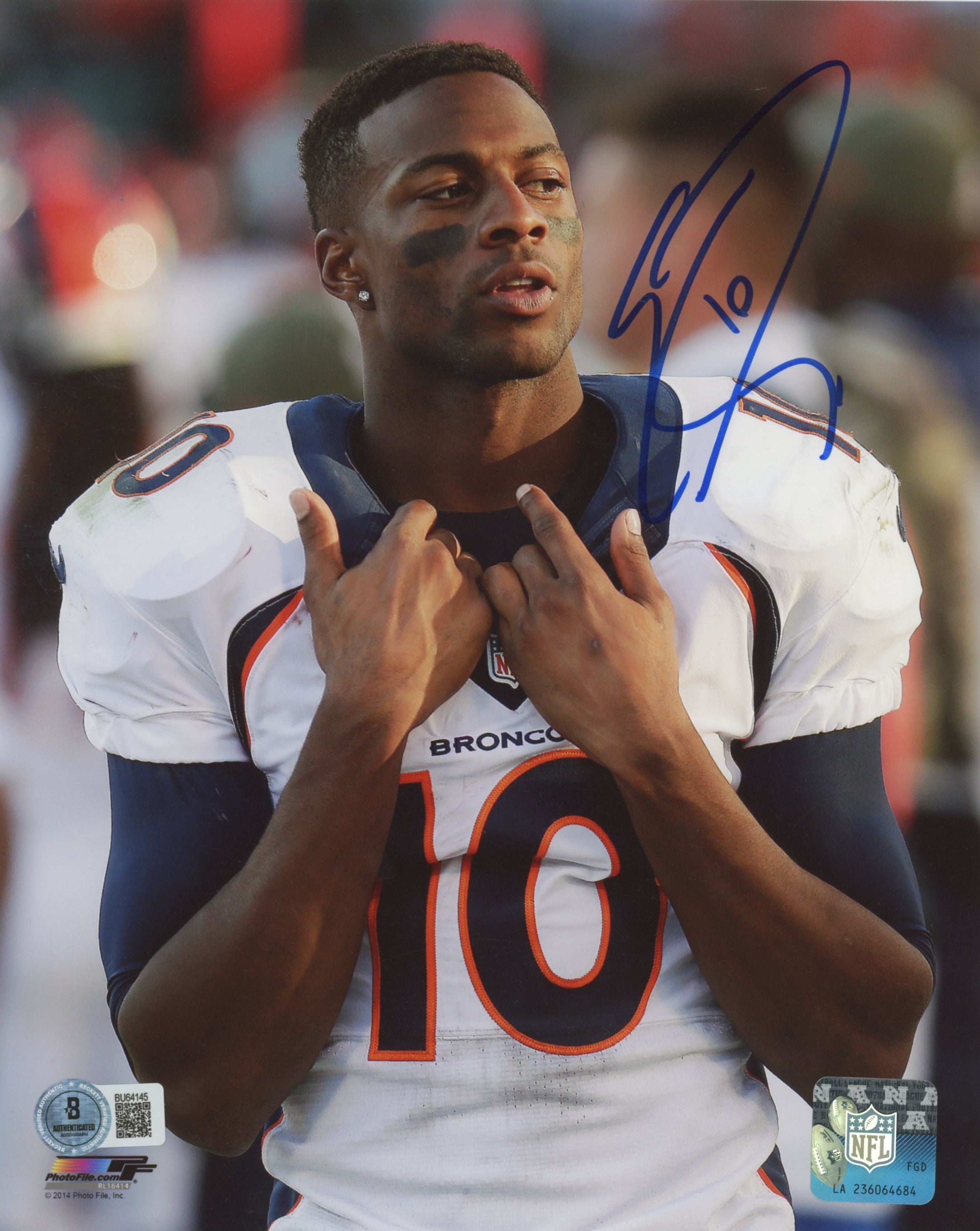 Broncos Emmanuel Sanders 10 Authentic Signed 8x10 Vertical Photo BAS #BU64145