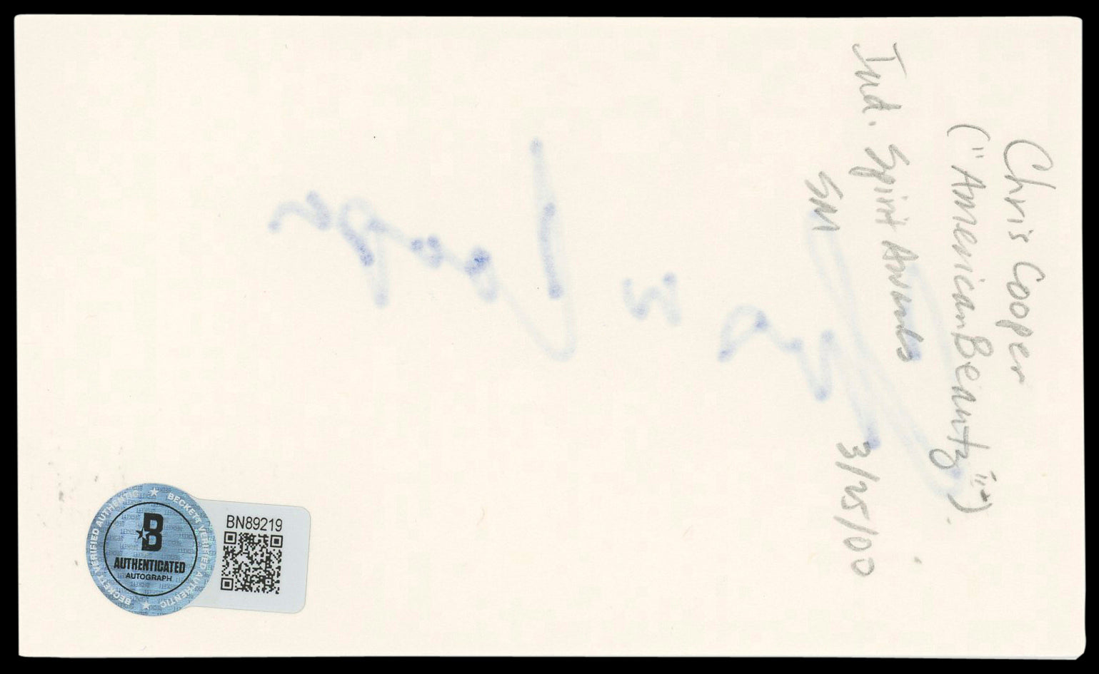 Chris Cooper Adaptation Authentic Signed 3x5 Index Card Autographed BAS #BN89219