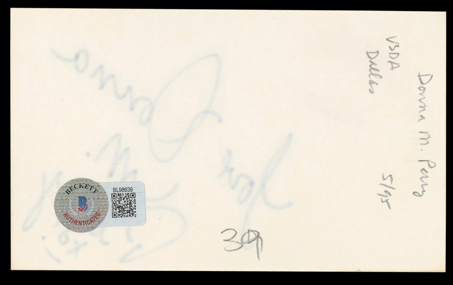 Donna M. Perry Playboy "Love, XO!" Authentic Signed 3x5 Index Card BAS #BL98639