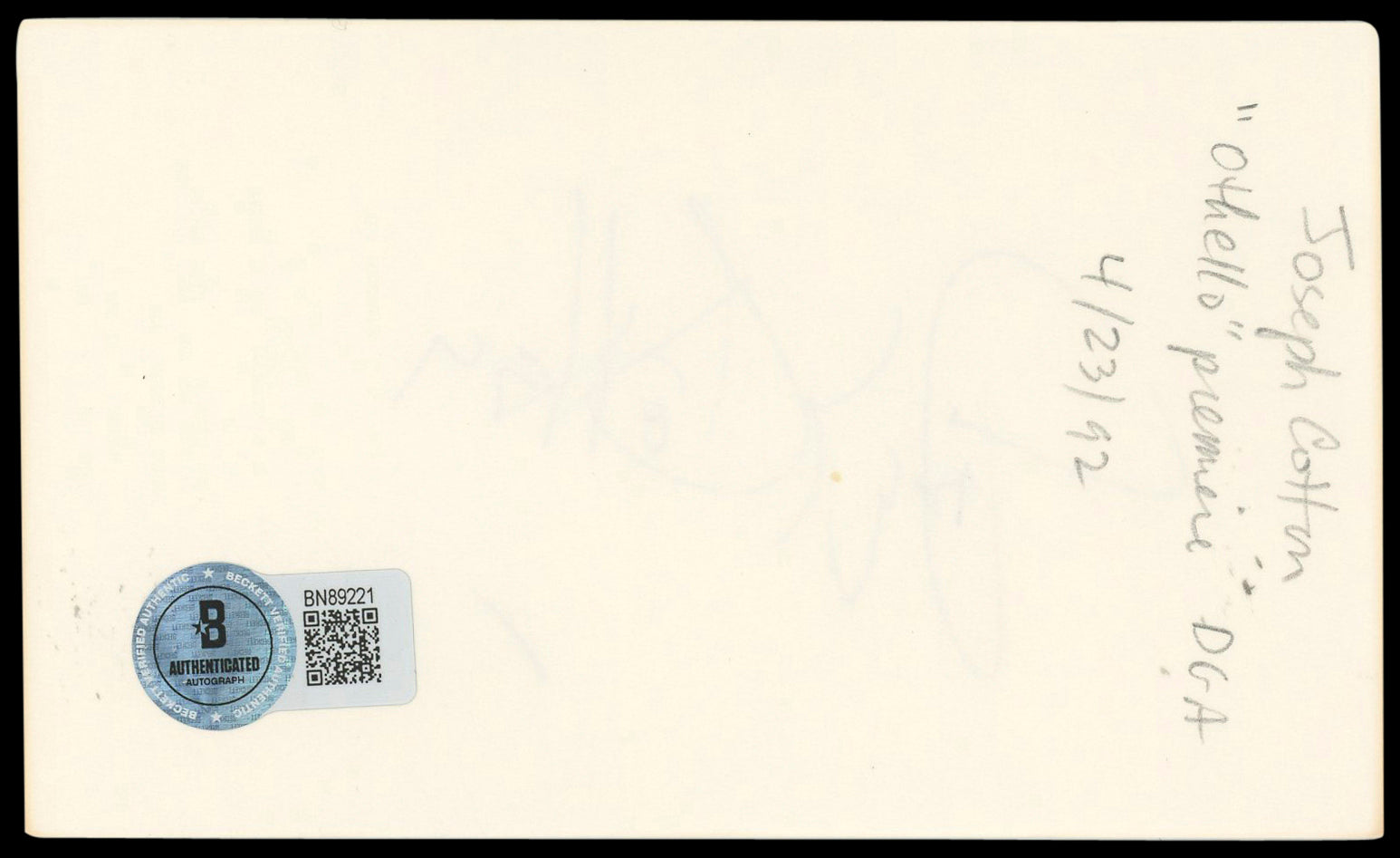 Joseph Cotten Citizen Kane Authentic Signed 3x5 Index Card BAS #BN89221