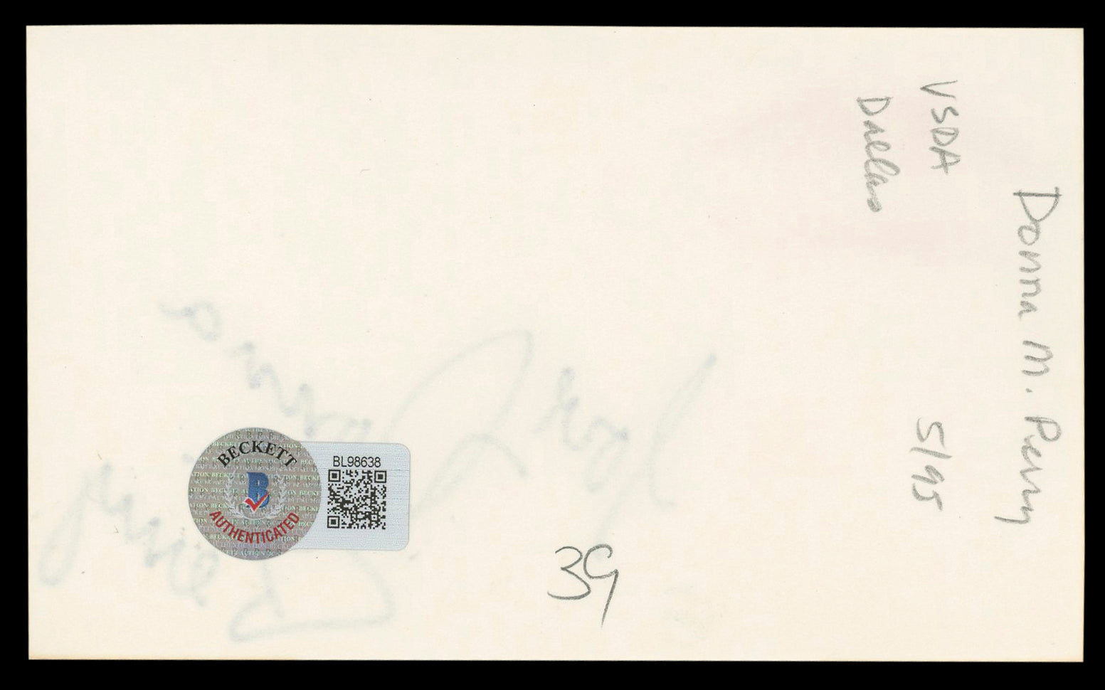 Donna M. Perry Playboy "Love" Authentic Signed 3x5 Index Card BAS #BL98638