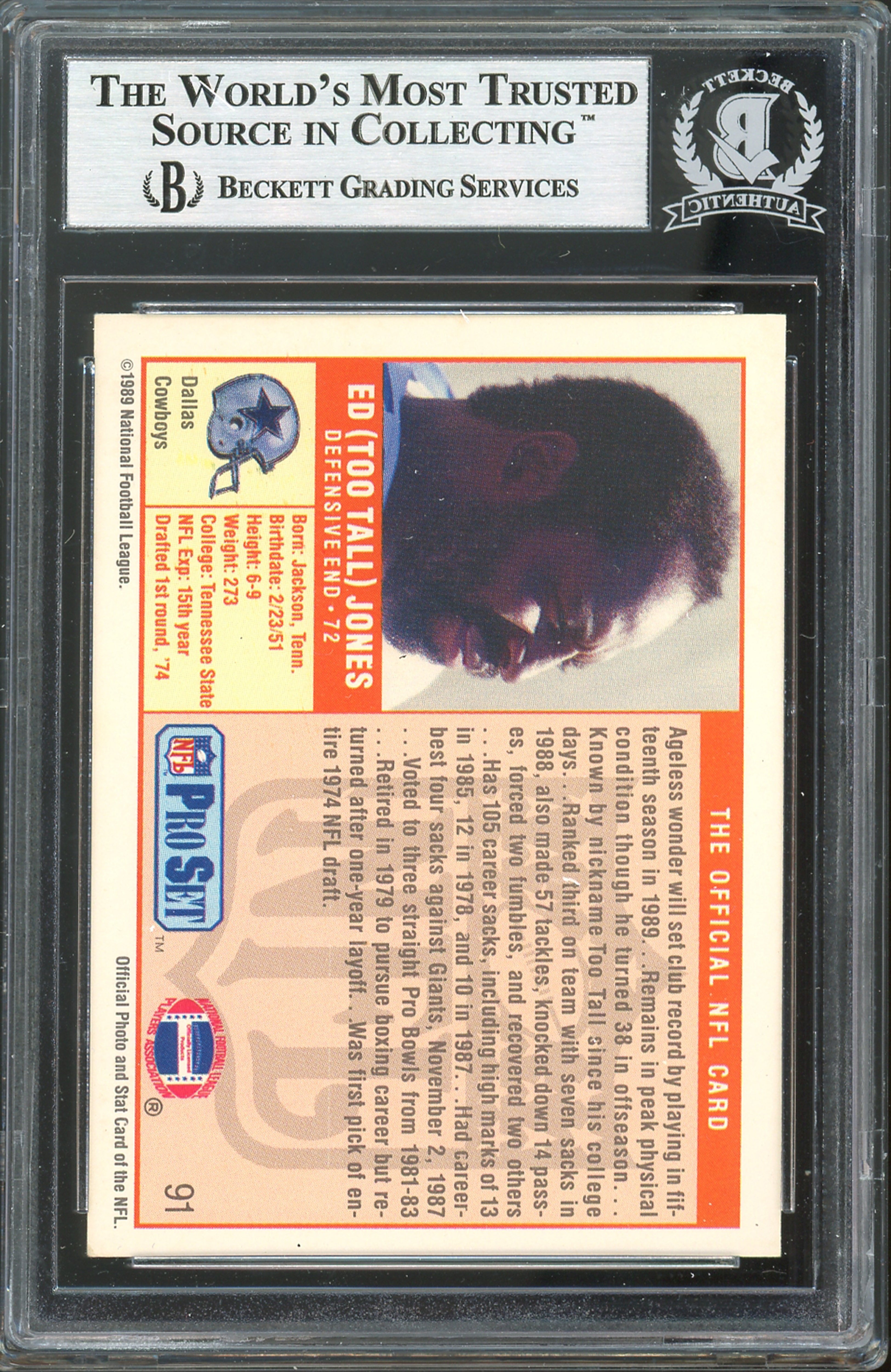 Cowboys Ed Jones Authentic Signed 1989 Pro Set #91 Card Autographed BAS Slabbed