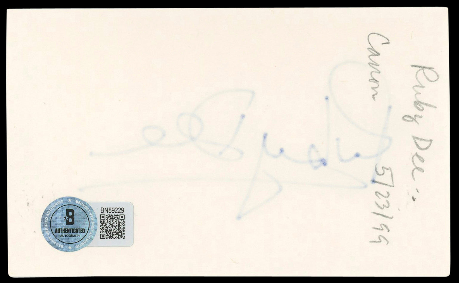 Ruby Dee Do the Right Thing Authentic Signed 3x5 Index Card BAS #BN89229