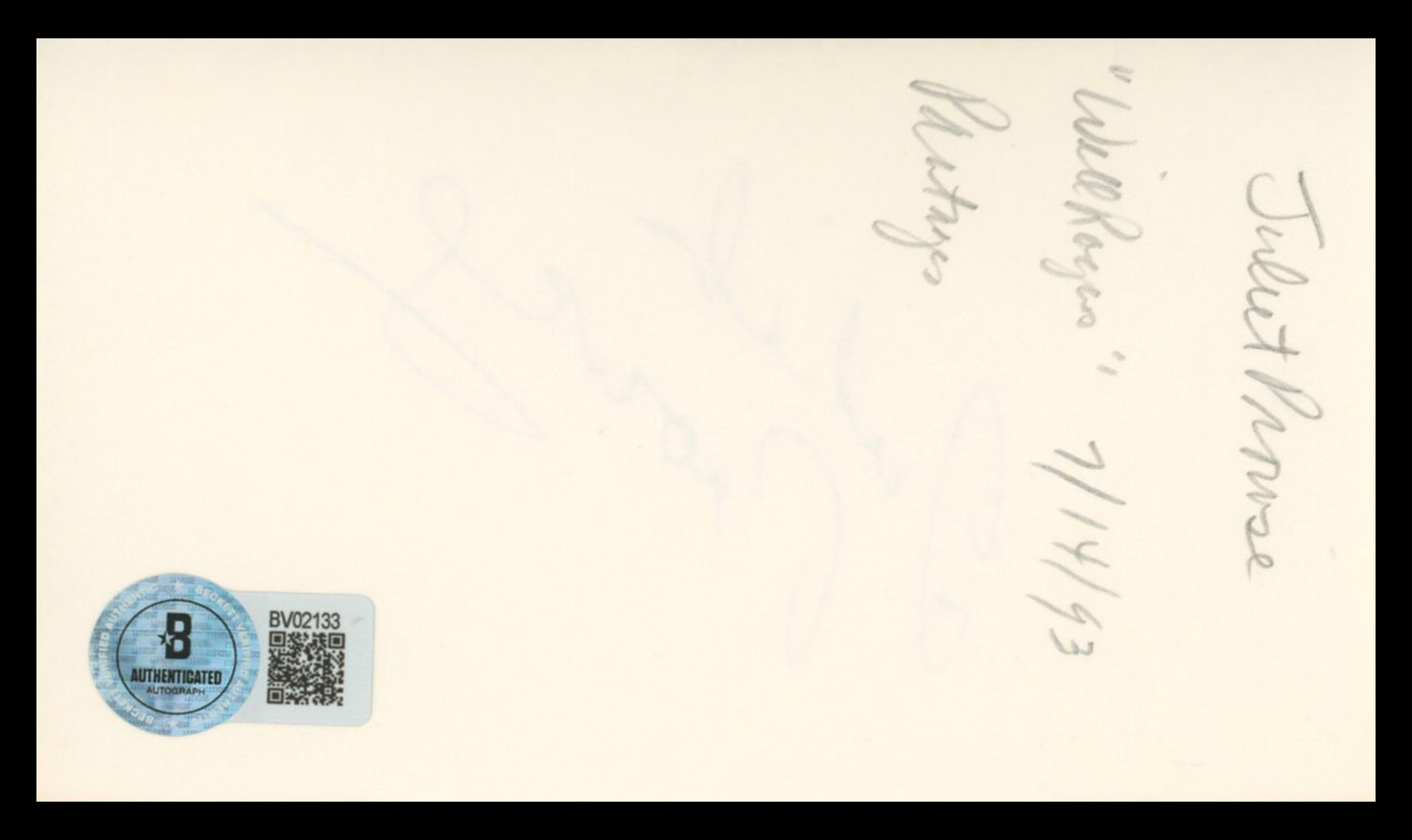 Juliet Prowse G.I. Blues Authentic Signed 3x5 Index Card BAS #BV02133