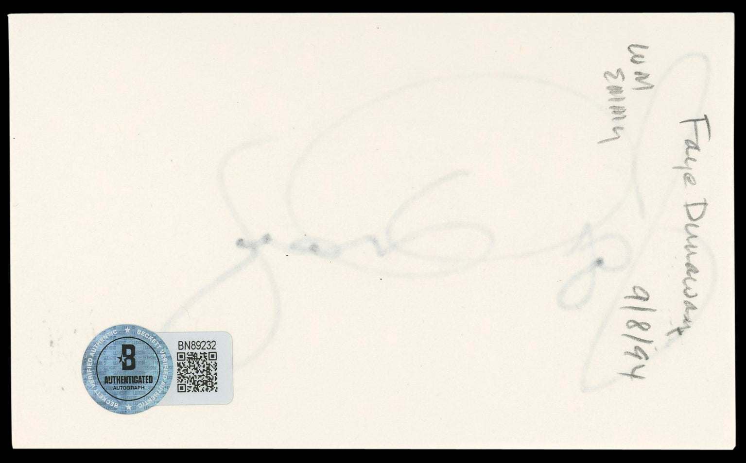 Faye Dunaway Bonnie and Clyde Authentic Signed 3x5 Index Card BAS #BN89232