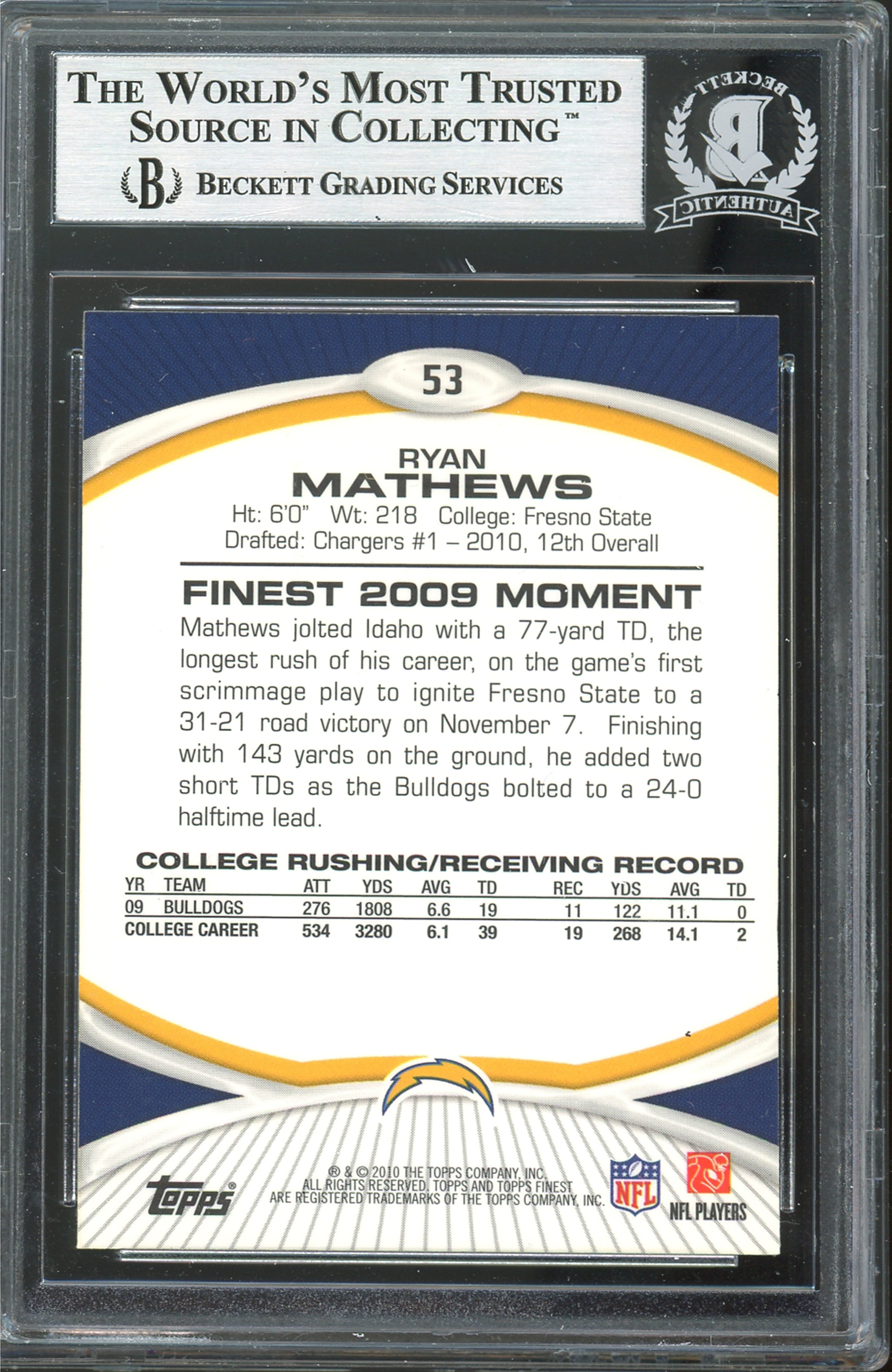 Chargers Ryan Mathews Authentic Signed 2010 Finest #53 Card BAS Slabbed