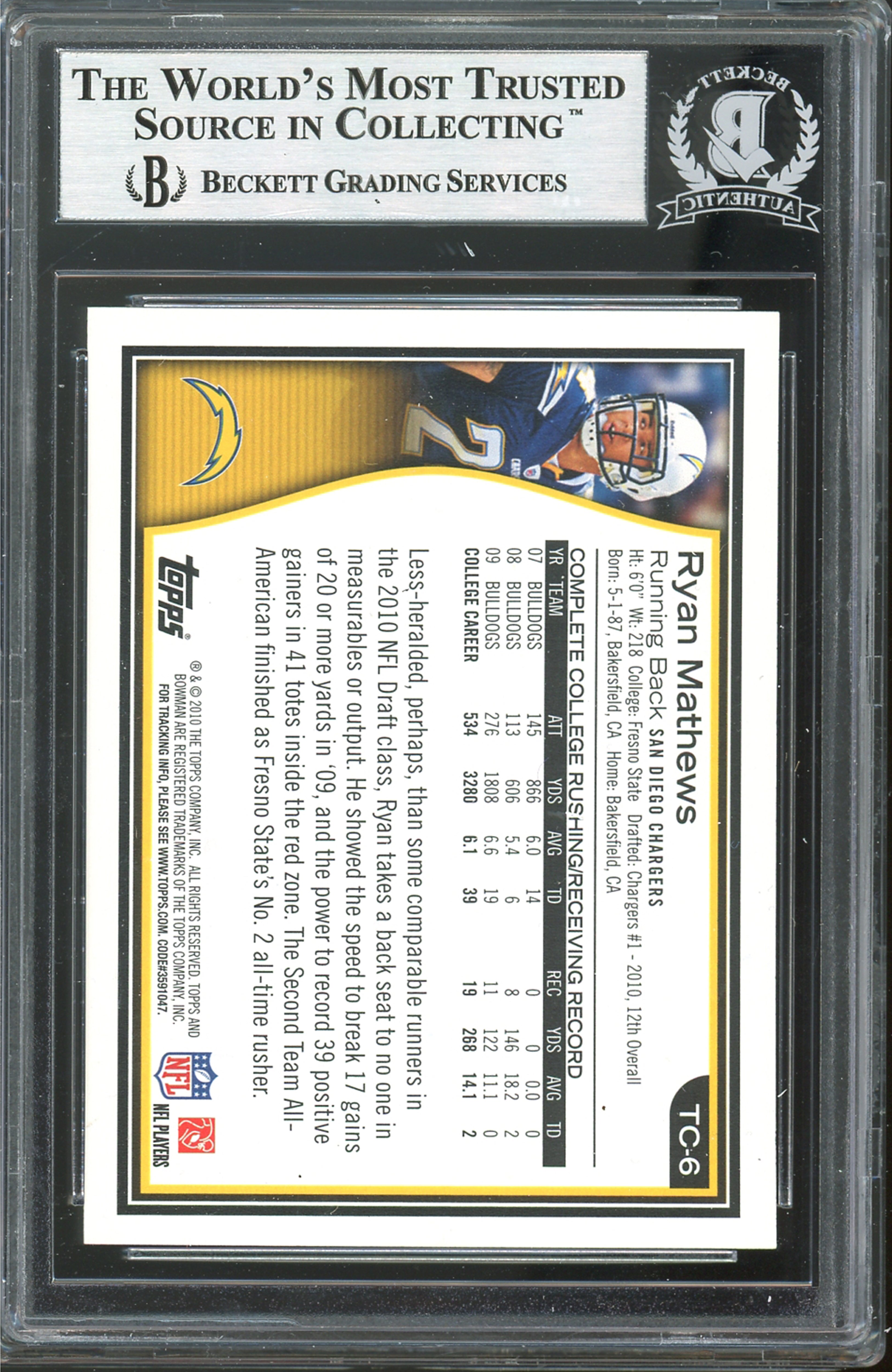 Chargers Ryan Mathews Signed 2010 Bowman Target Exclusive #TC6 Card BAS Slabbed