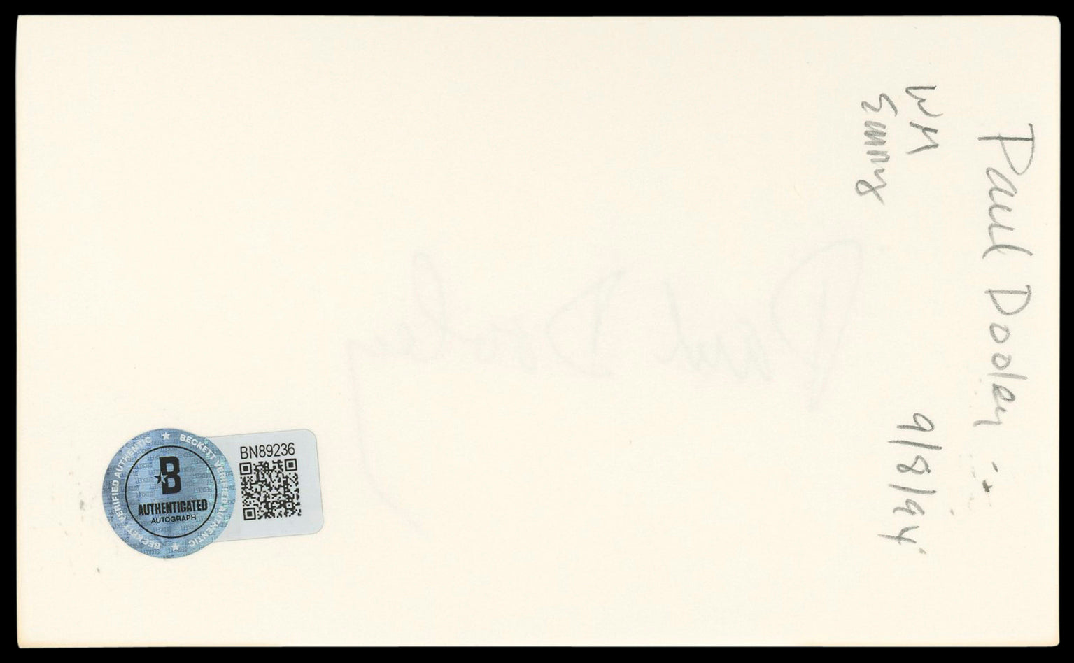 Paul Dooley Breaking Away Authentic Signed 3x5 Index Card BAS #BN89236