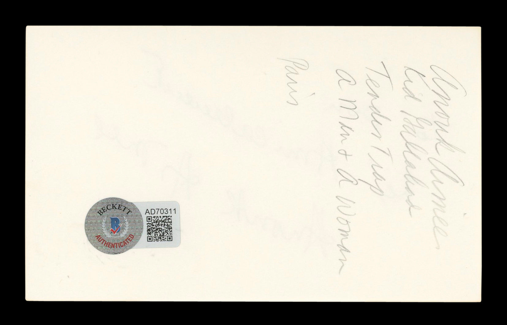 Anouk Aimée Lola "To Don" Signed 3x5 Index Card Autographed BAS #AD70311