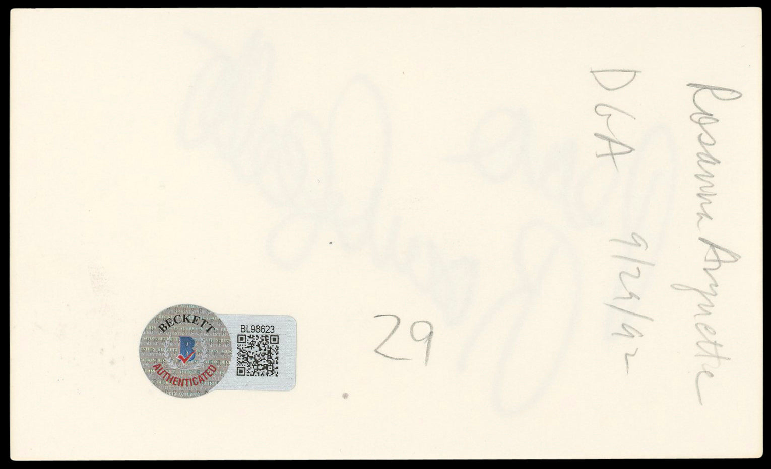 Rosanna Arquette "Peace" Authentic Signed 3x5 Index Card BAS #BL98623