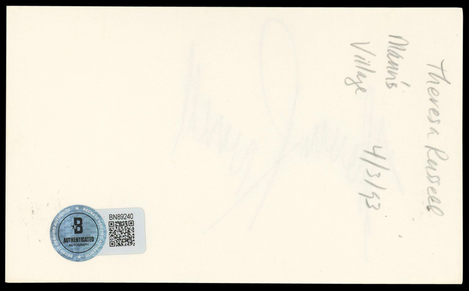 Theresa Russell Black Widow Authentic Signed 3x5 Index Card BAS #BN89240