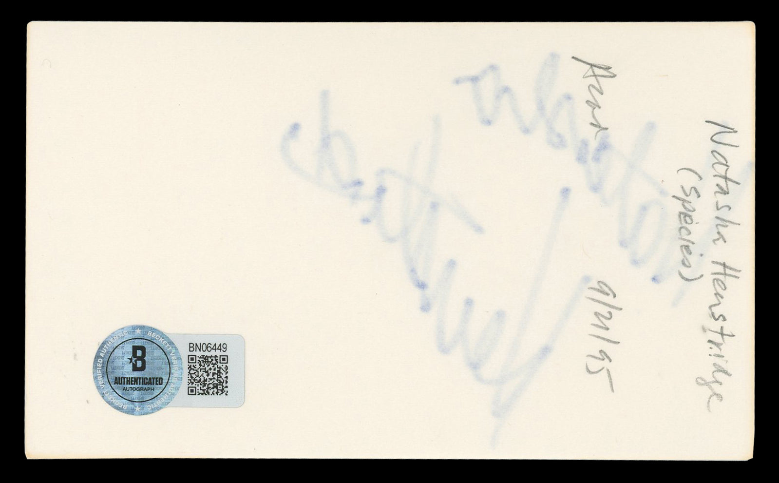 Natasha Henstridge Species Authentic Signed 3x5 Index Card BAS #BN06449