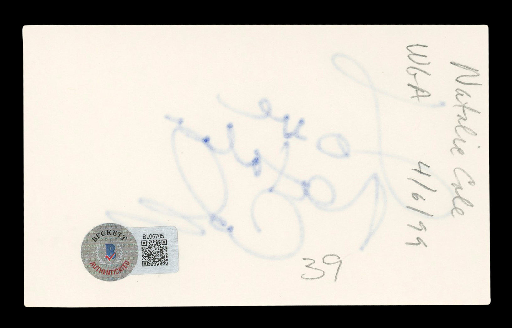 Natalie Cole "Love" Authentic Signed 3x5 Index Card Autographed BAS #BL96705