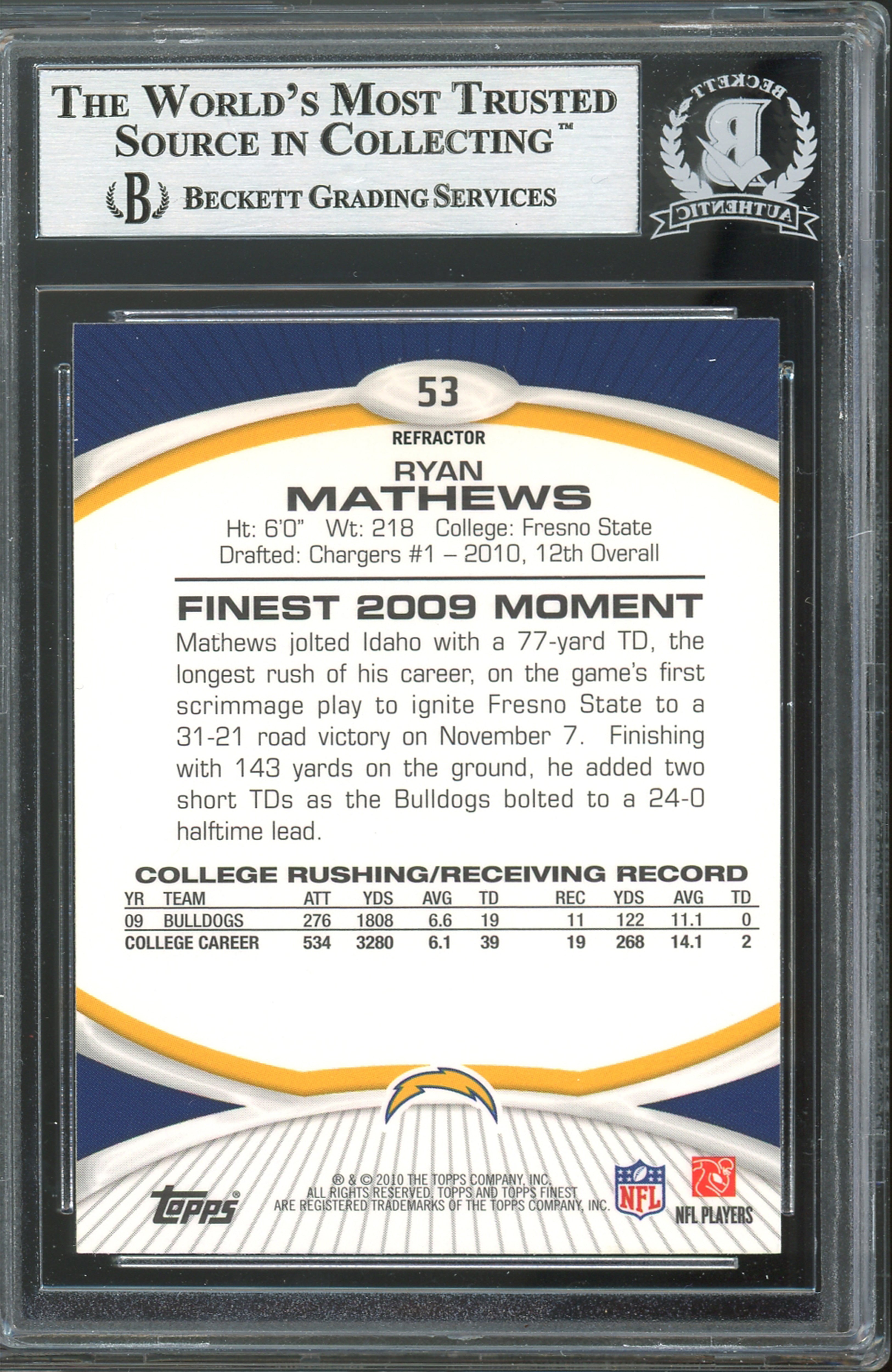 Chargers Ryan Mathews Authentic Signed 2010 Finest Refractors #53 Card BAS Slab