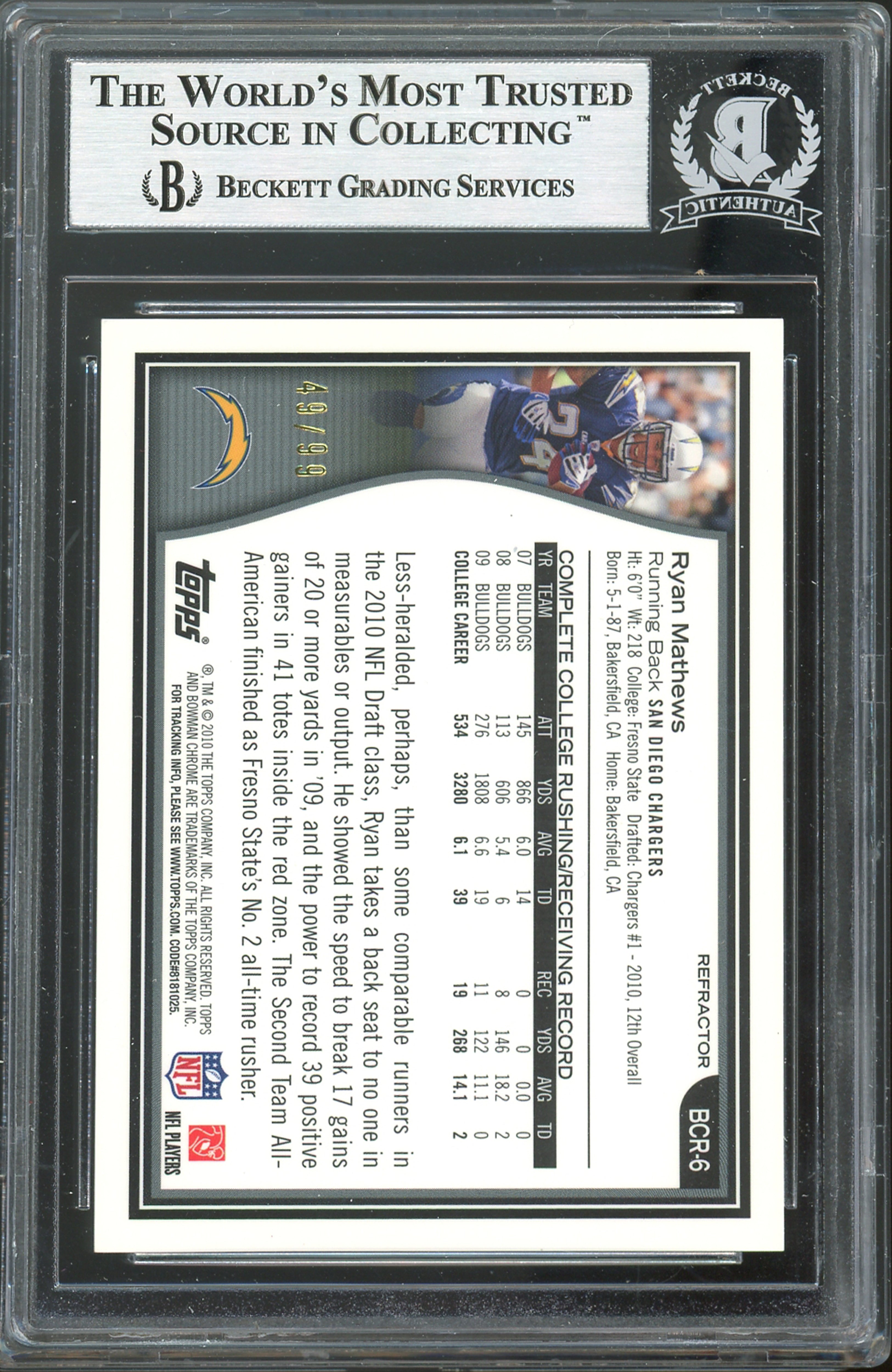Chargers Ryan Mathews Signed 2010 Topps Bowman Chrome Refractor #BCR6 BAS Slab 2